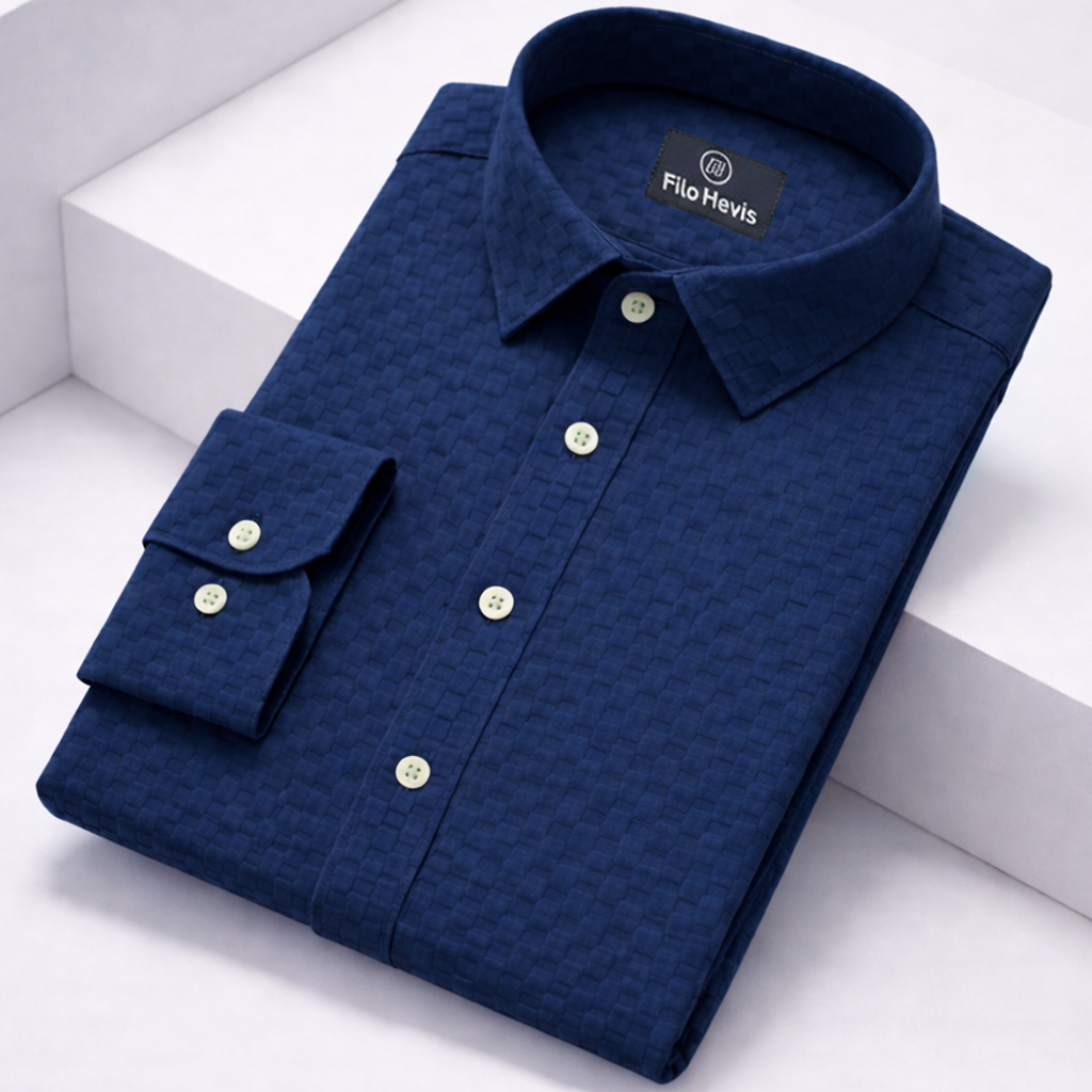 PREMIUM TEXTURED POPCORN SHIRT | SELF-CHECKS EMBOSS EFFECT PATTERN | Navy Blue