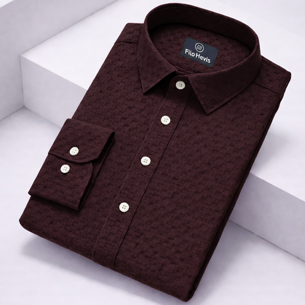 PREMIUM TEXTURED POPCORN SHIRT | SELF-CHECKS EMBOSS EFFECT PATTERN | Wine