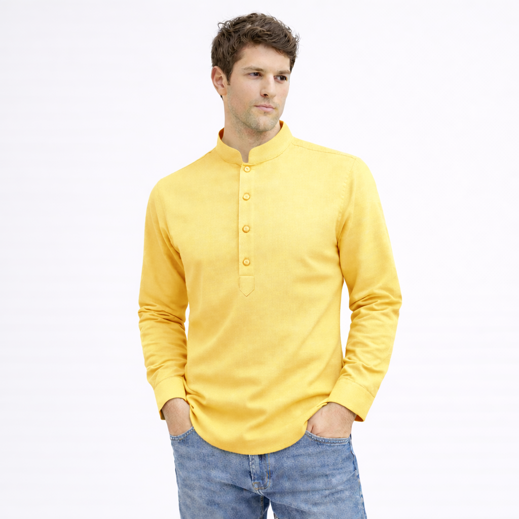 Cotton Chinese Collar Short Kurta for Men | Traditional Nehru Ethnic Shirts | Daily Wear-Yellow