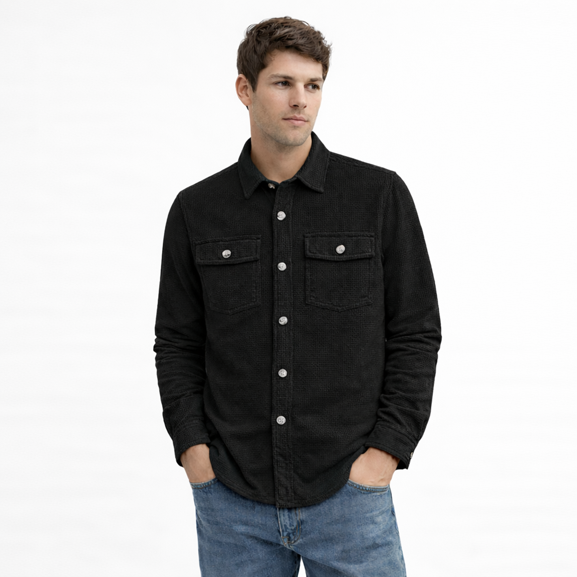 Textured Utility Shirt for Men – Soft Waffle Weave Full Sleeve Shirt-Black