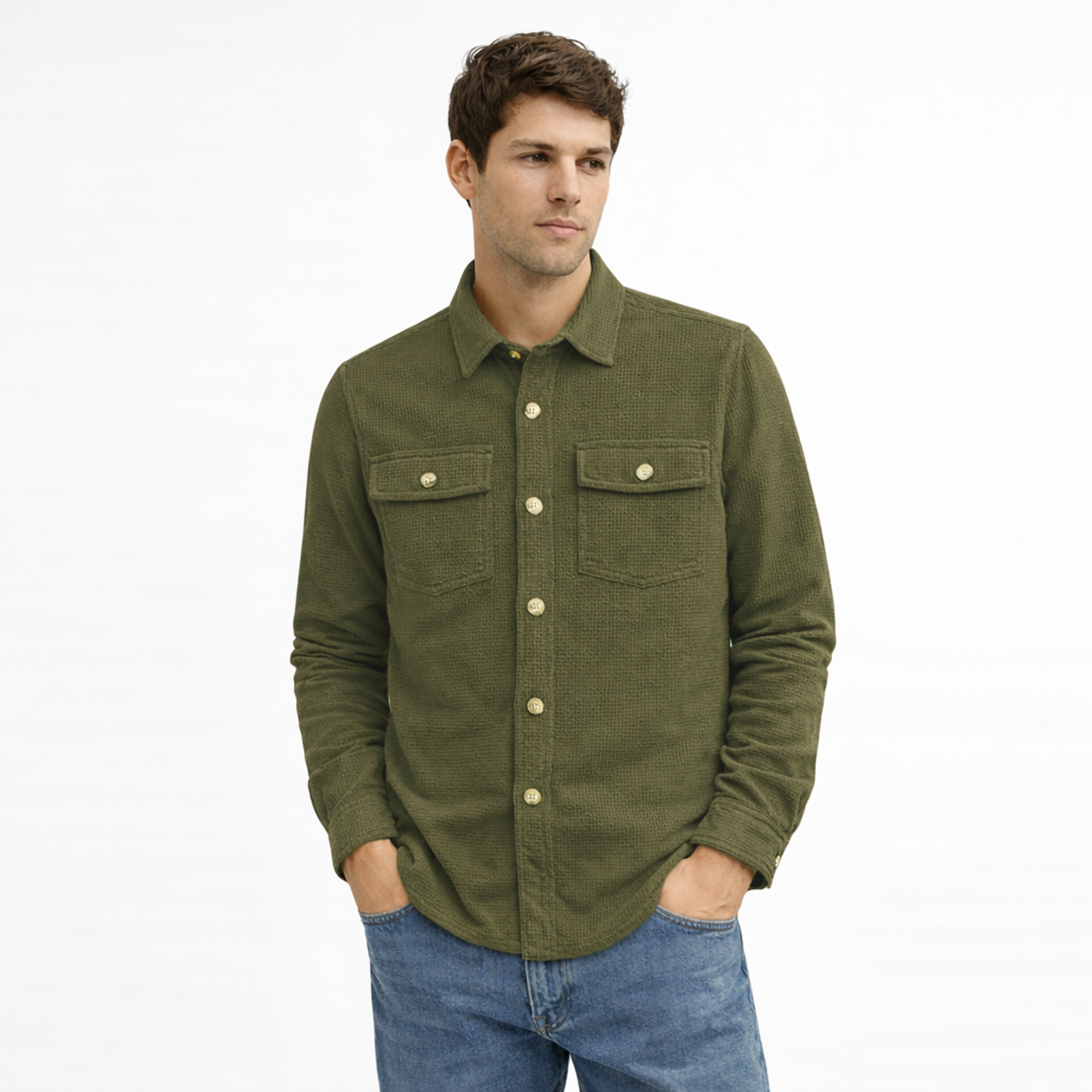 Textured Utility Shirt for Men – Soft Waffle Weave Full Sleeve Shirt-Olive Green