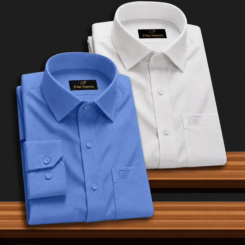 Combo of 2 Filafil Fabric Regular Fit Formal Shirts – White & Royal Blue (Single Pocket)