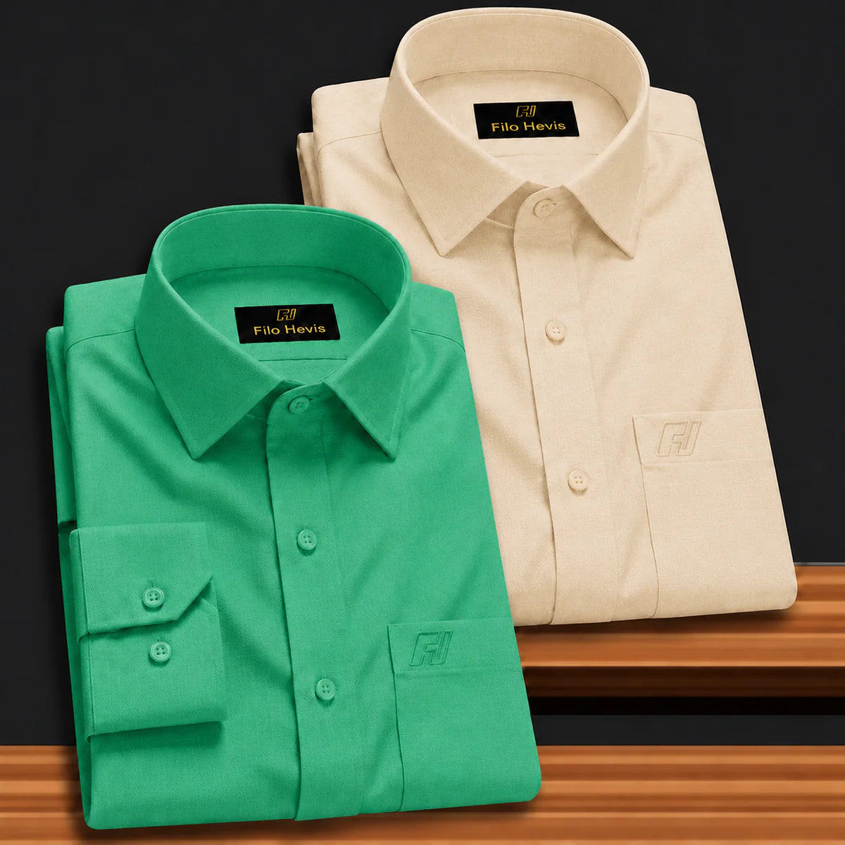 Combo of 2 Filafil Fabric Regular Fit Formal Shirts – Green & Cream (Single Pocket)