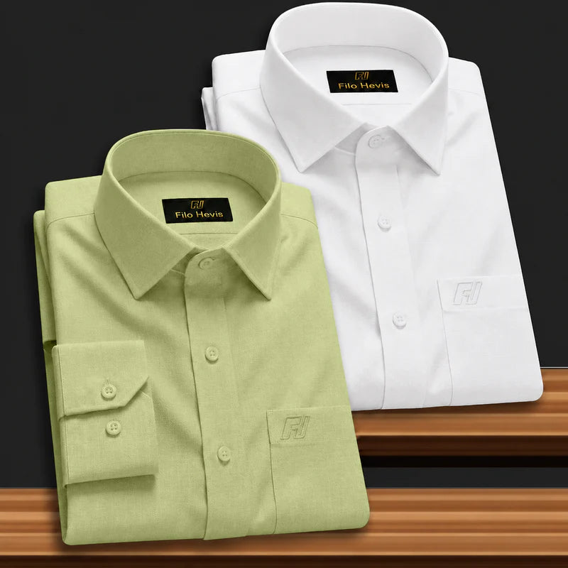 Combo of 2 Filafil Fabric Regular Fit Formal Shirts – White & Light pastel green (Single Pocket)