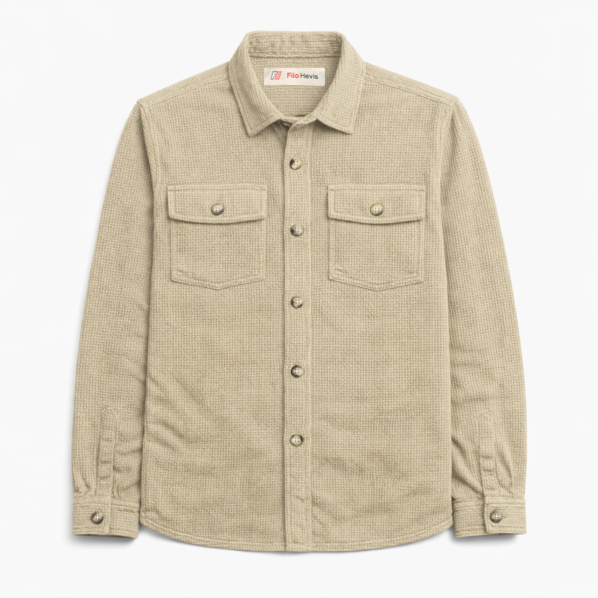 Textured Utility Shirt for Men – Soft Waffle Weave Full Sleeve Shirt-Cream