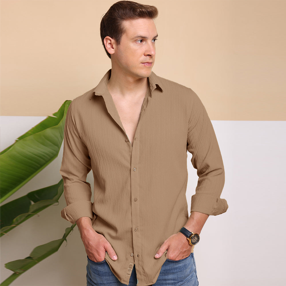 Crushed Self Stripe Brown Shirt