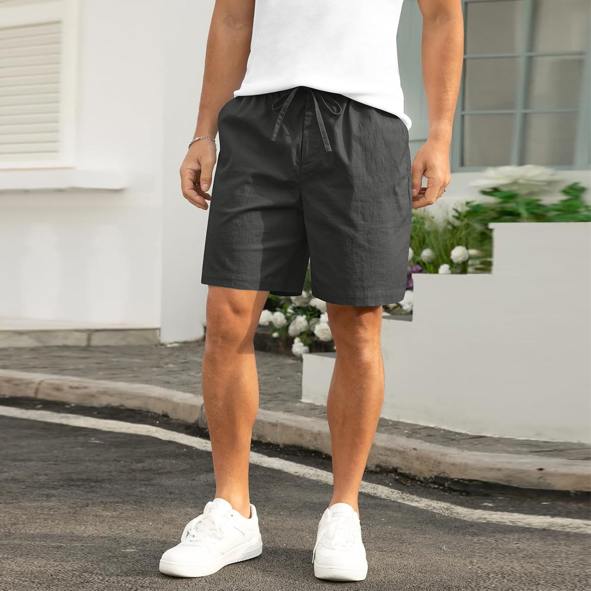 Mens Cotton Linen Shorts Casual Drawstring 8.5 inch Inseam Shorts Stretch Summer-Dark Grey