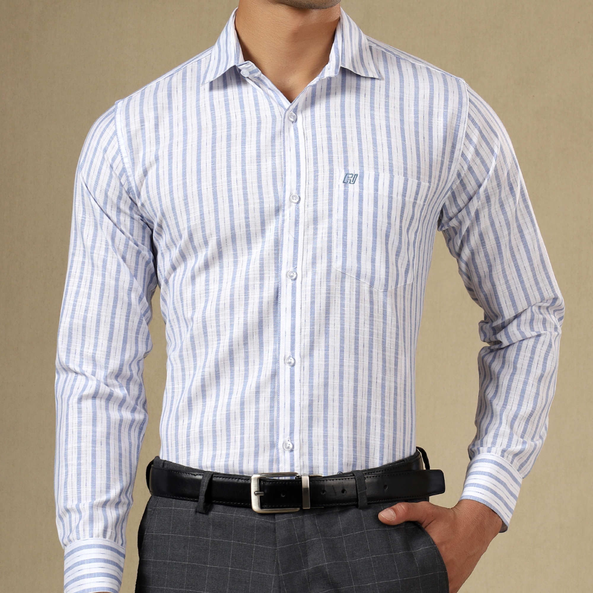 Men's Striped Linen Regular Fit Single Pocket Shirt- Sky Blue