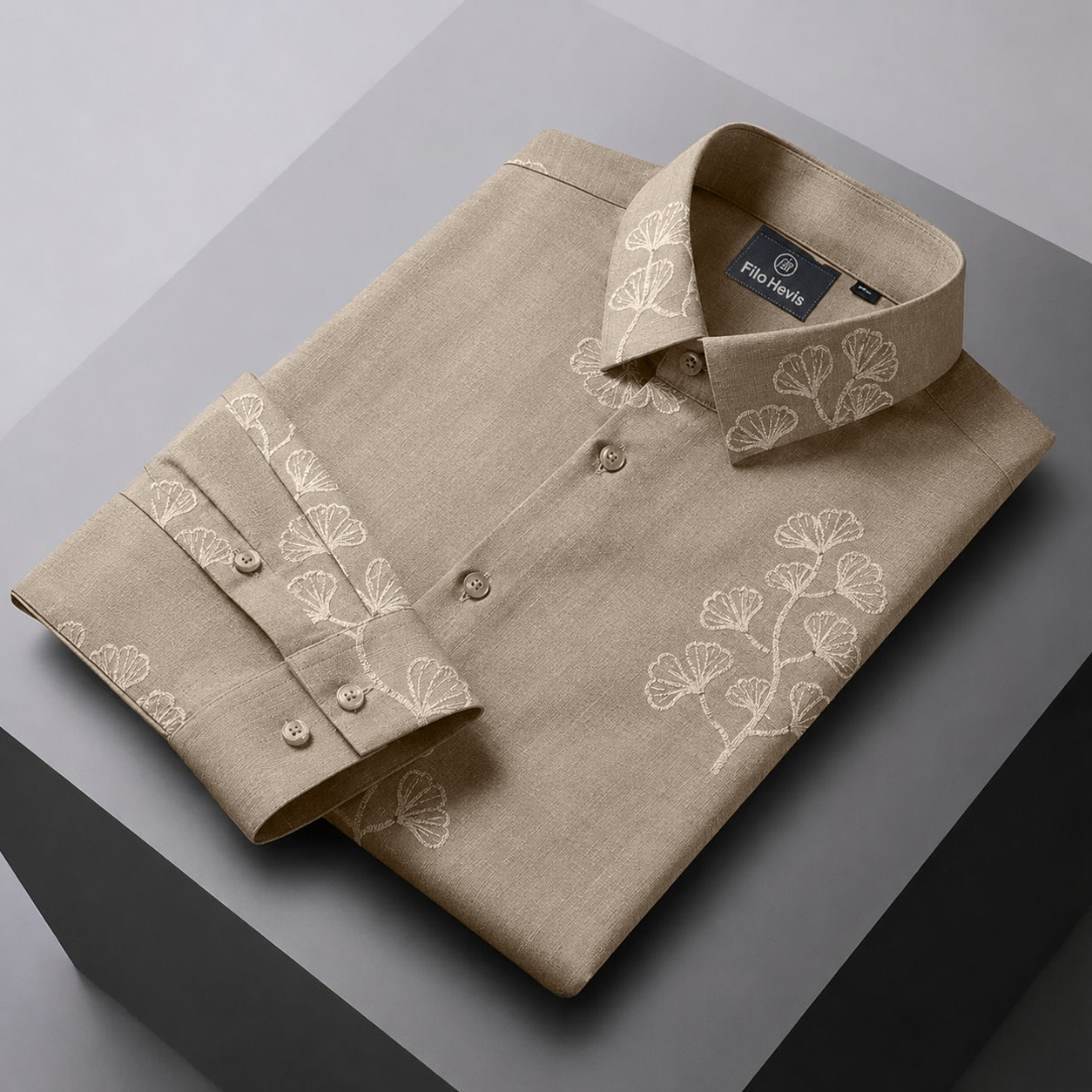 Embroidered Botanical Linen Shirt-Beige