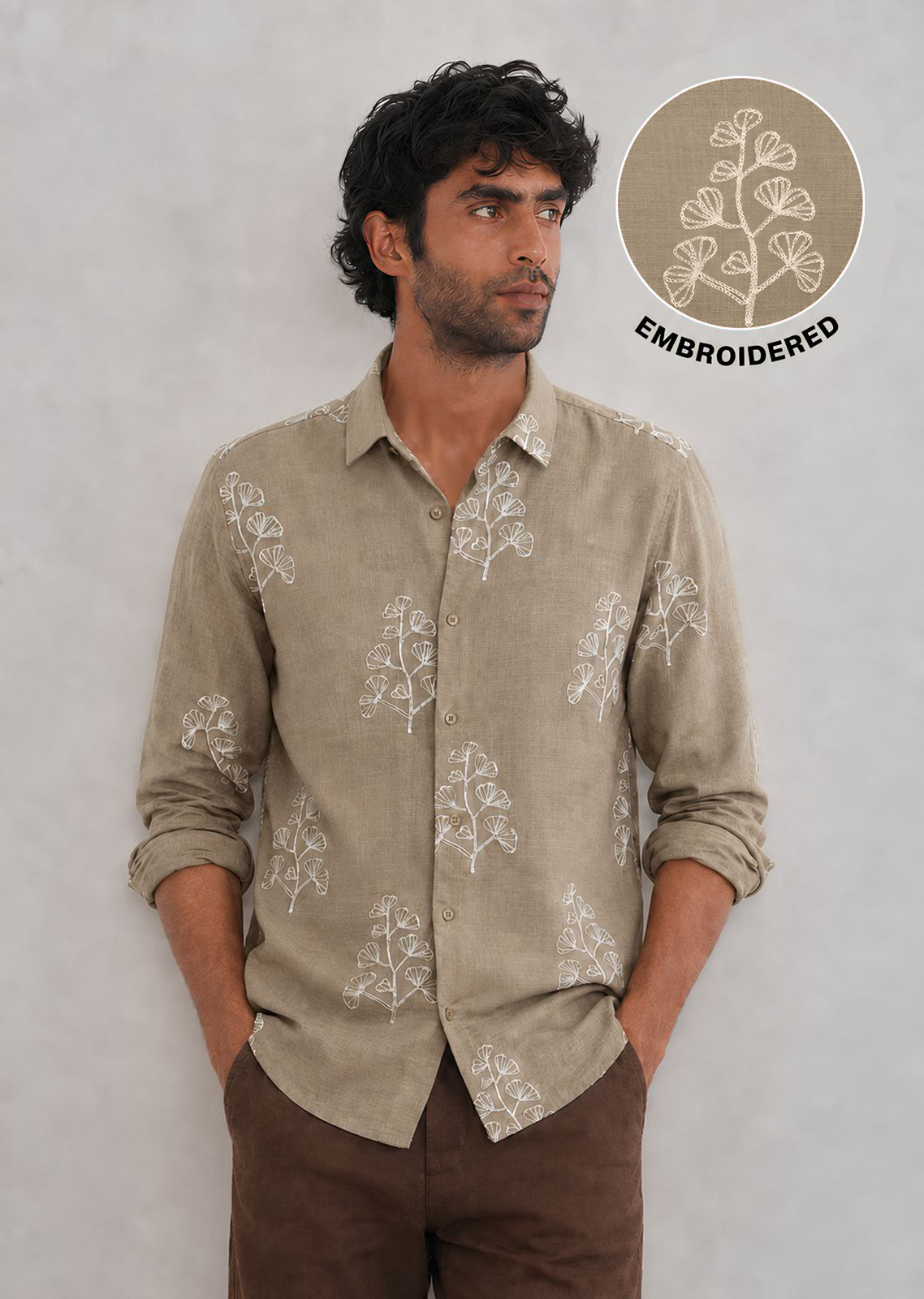 Embroidered Botanical Linen Shirt-Beige