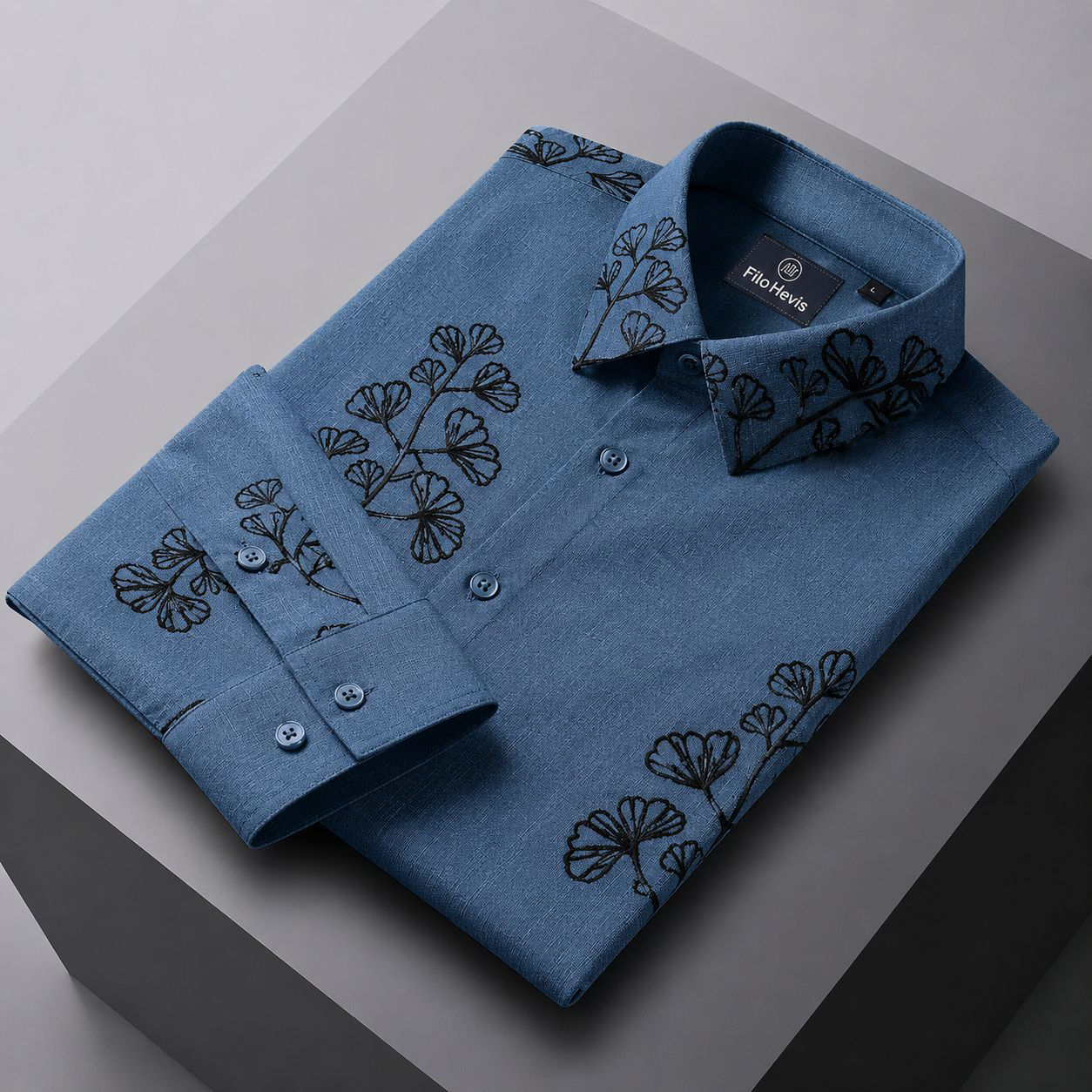 Embroidered Botanical Linen Shirt-Blue