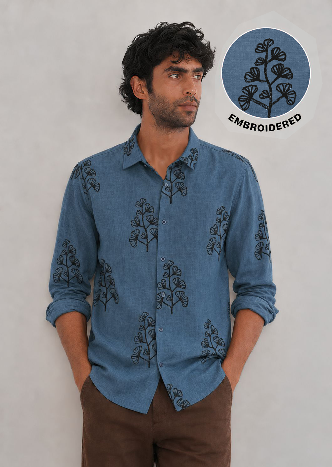 Embroidered Botanical Linen Shirt-Blue