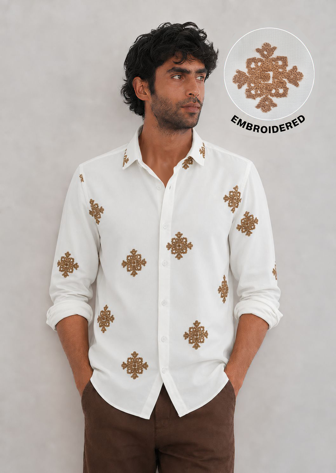 Embroidered Botanical Linen Shirt-White