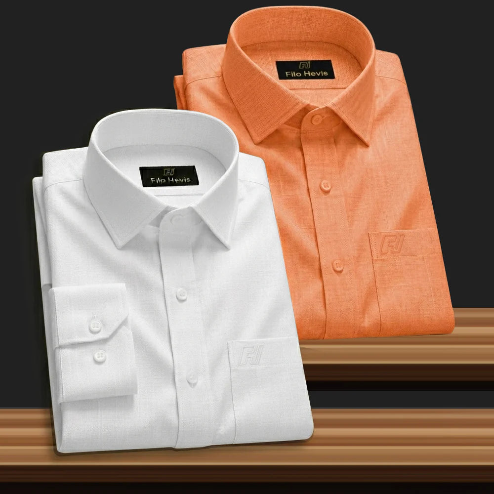 Combo of 2 Filafil Fabric Regular Fit Formal Shirts – White & Orange (Single Pocket)