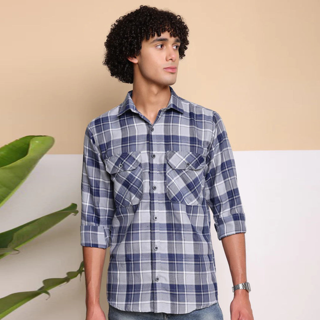 Check Regular Fit Cotton Shirt - Navy Grey