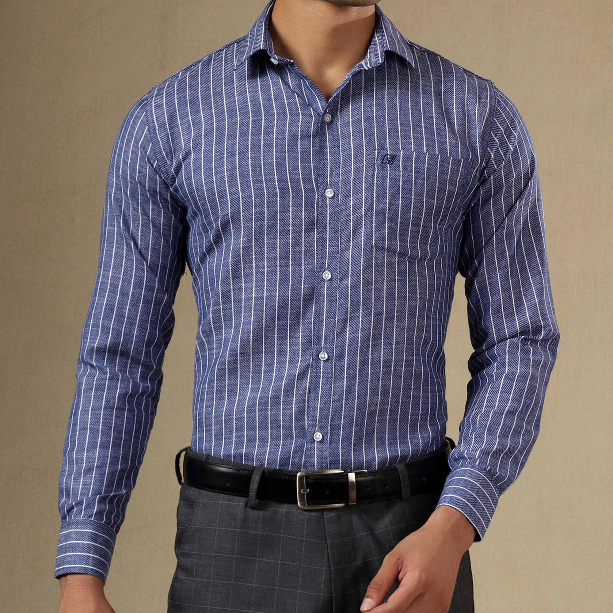 Men's Striped Linen Regular Fit Single Pocket Shirt- Blue