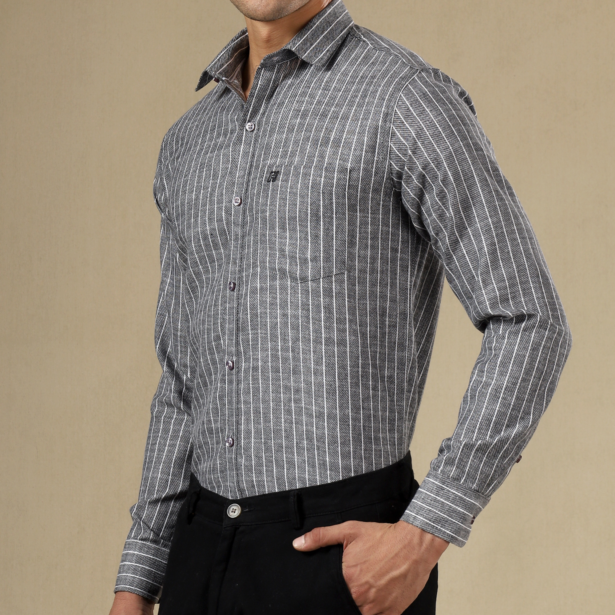 Men's Striped Linen Regular Fit Single Pocket Shirt- Grey