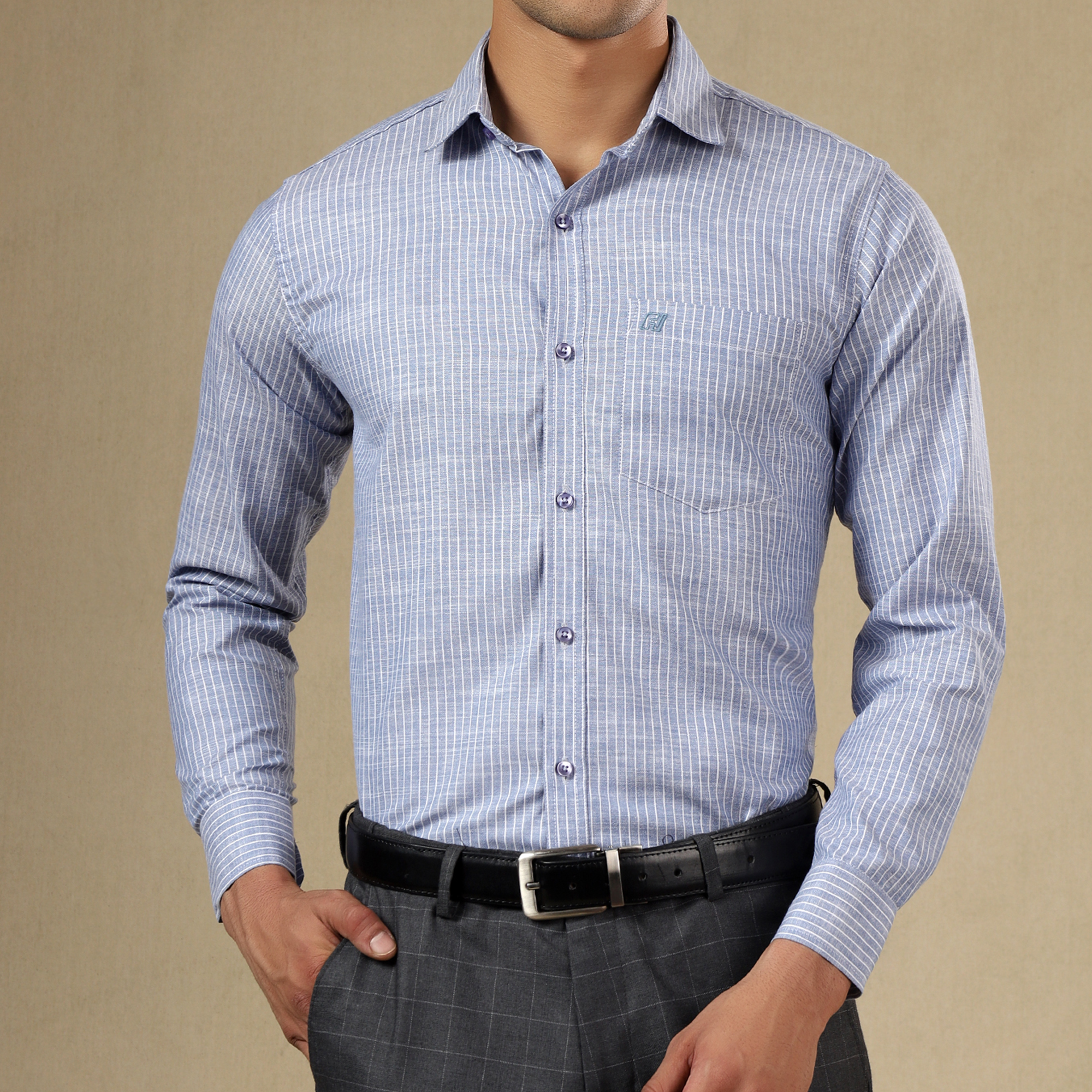 Men's Striped Linen Regular Fit Single Pocket Shirt- Blue