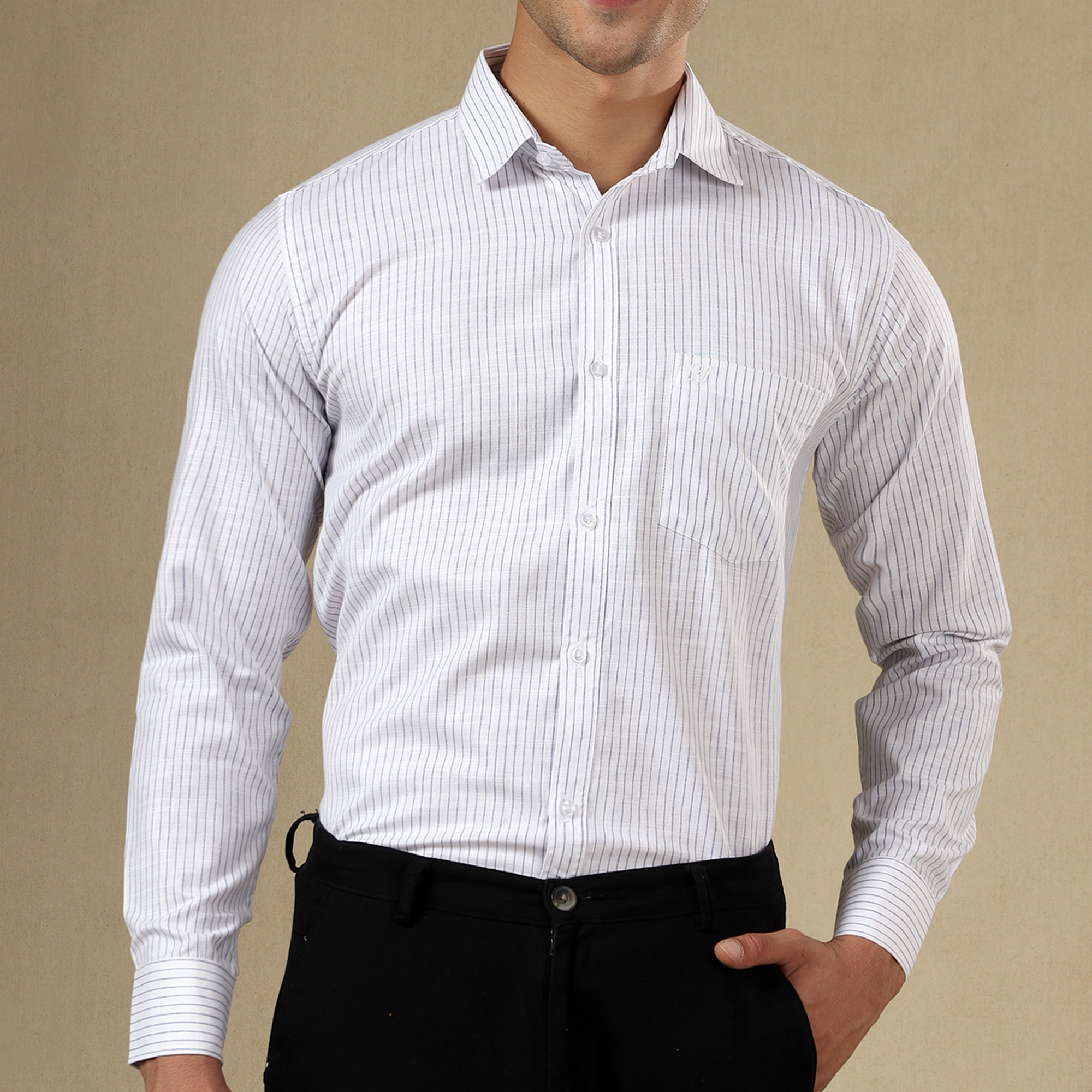 Men's Striped Linen Regular Fit Single Pocket Shirt- White