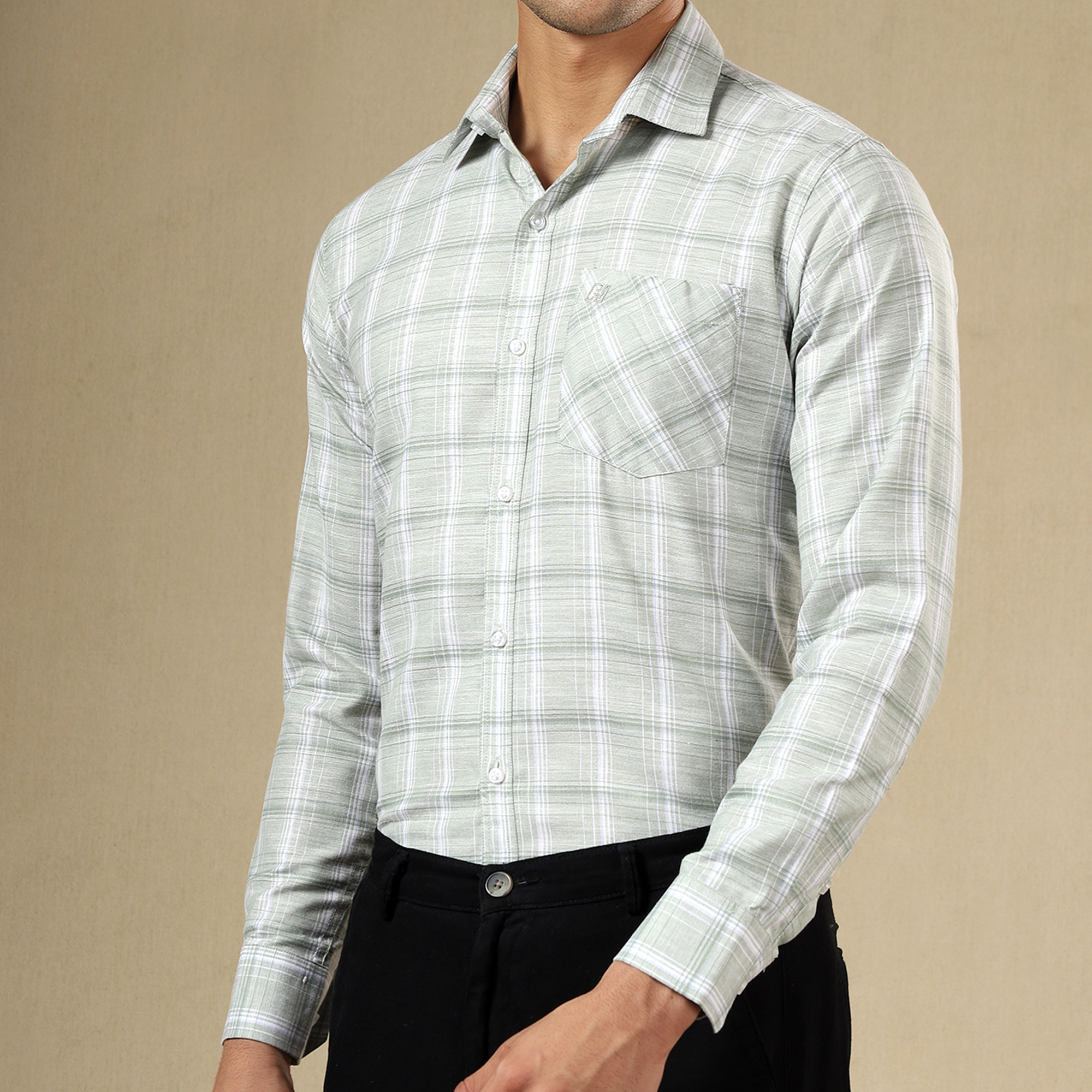 Men's Check Linen Regular Fit Single Pocket Shirt- Green