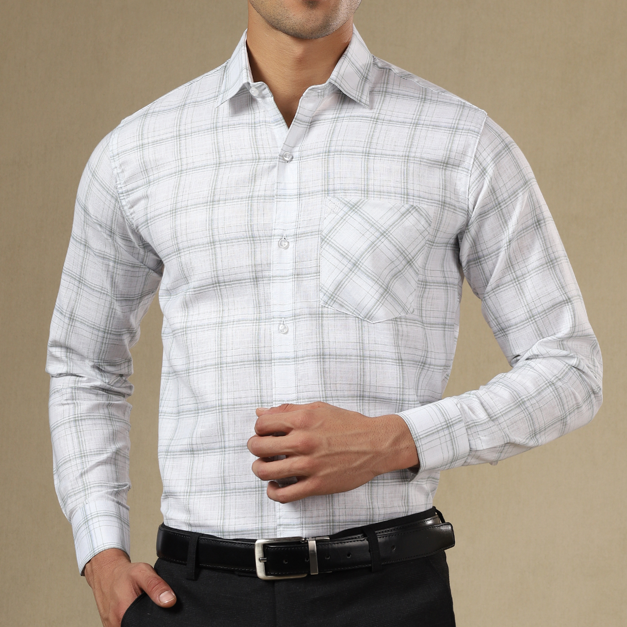 Men's Check Linen Regular Fit Single Pocket Shirt- White