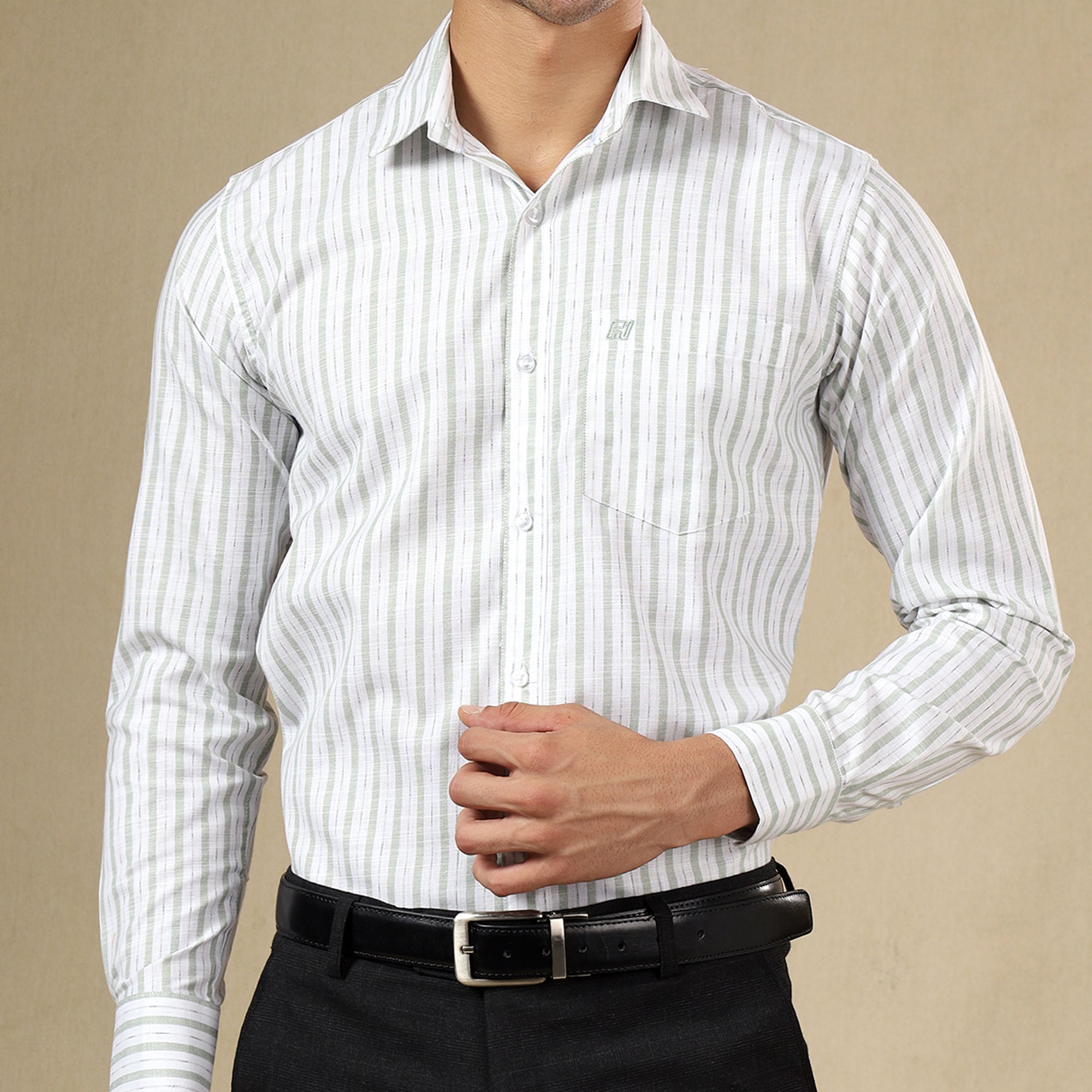 Men's Striped Linen Regular Fit Single Pocket Shirt- Green