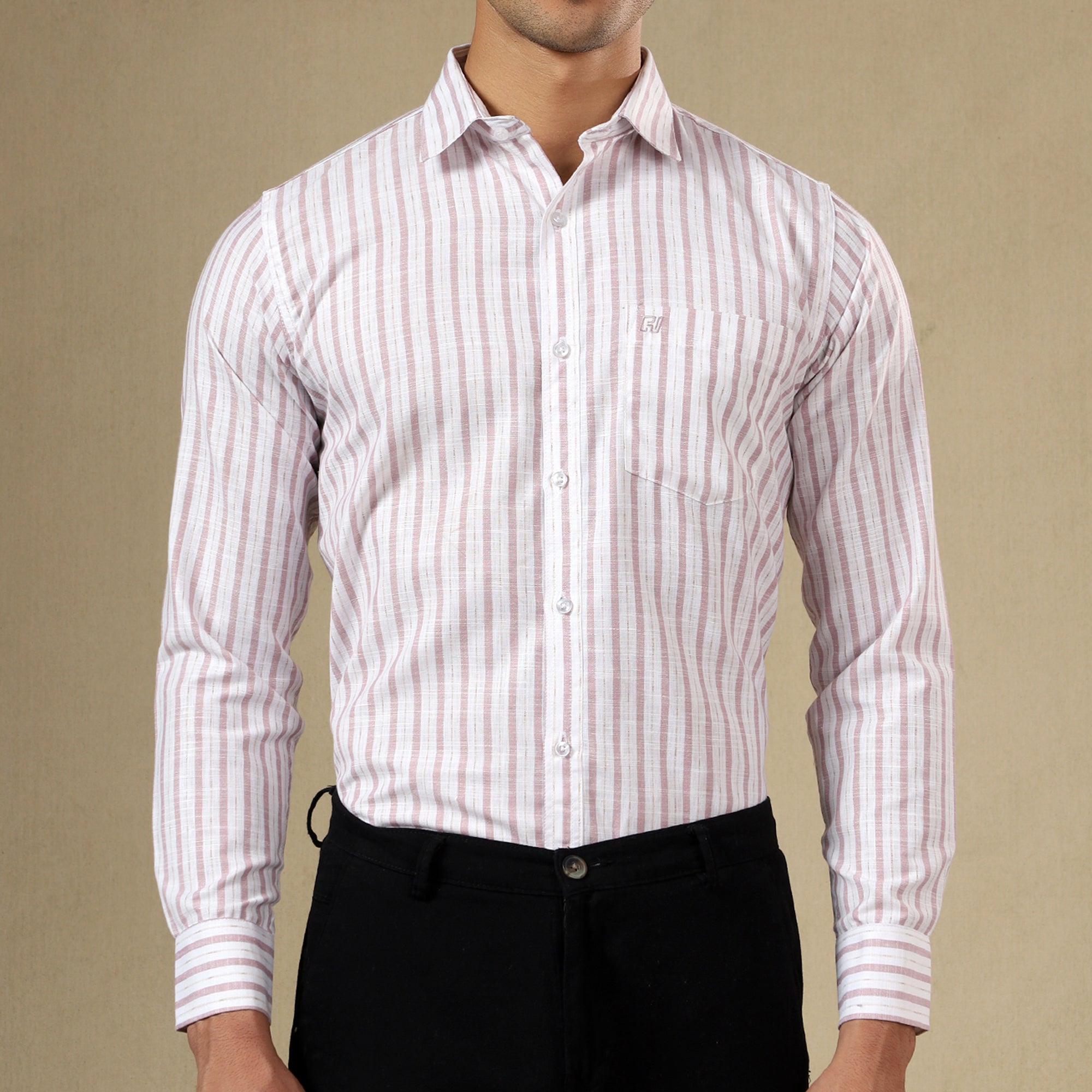 Men's Striped Linen Regular Fit Single Pocket Shirt- Pink