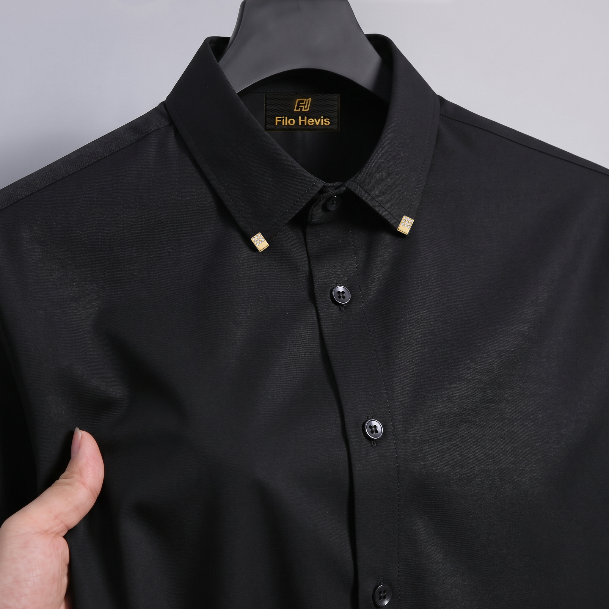 Men's Premium Luxury Formal Shirt with Crystal-Studded Collar Clips | Black