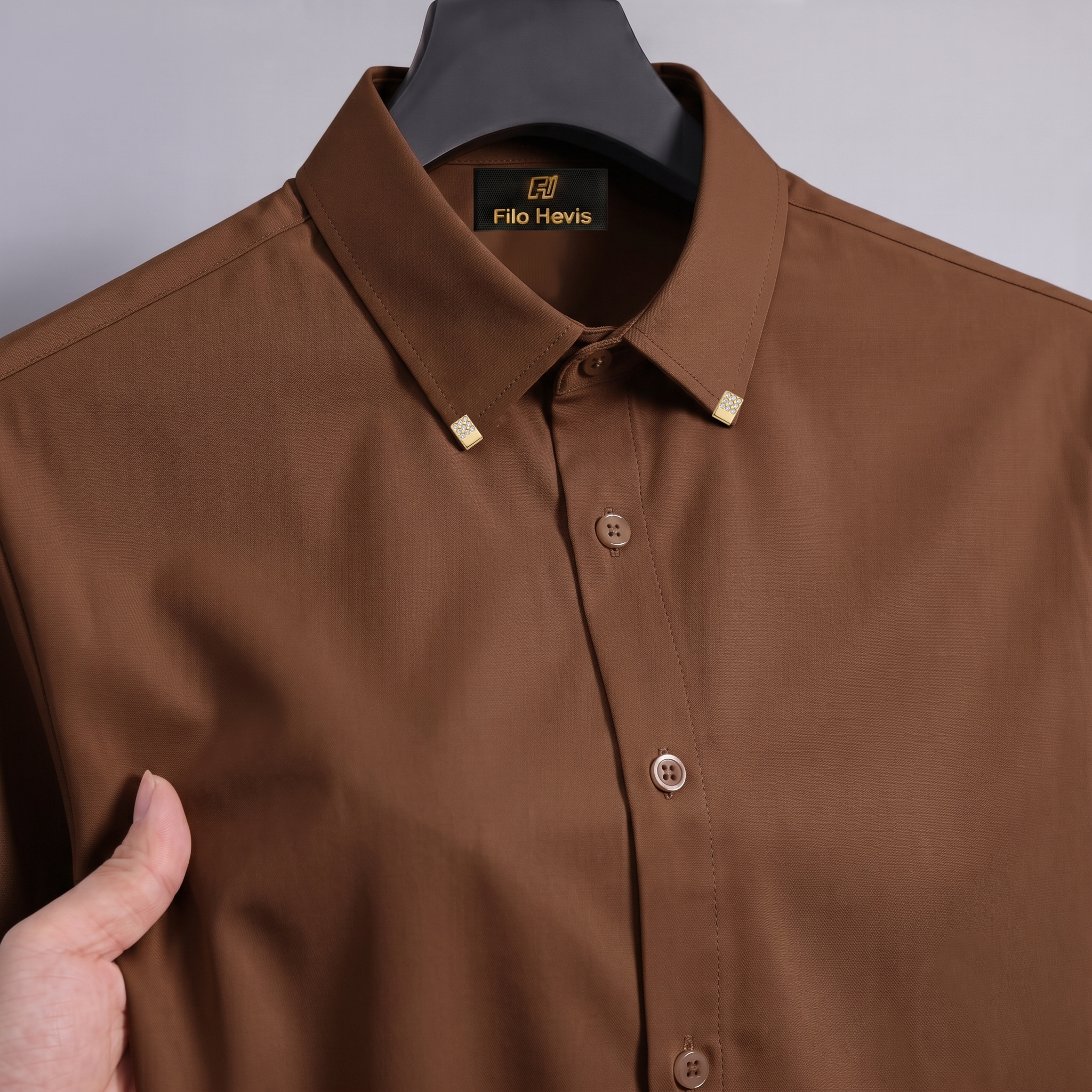 Men's Premium Luxury Formal Shirt with Crystal-Studded Collar Clips | Brown