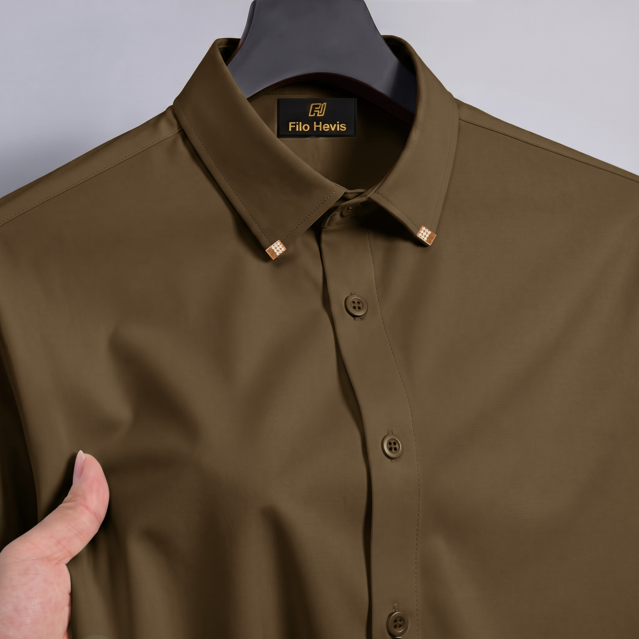 Men's Premium Luxury Formal Shirt with Crystal-Studded Collar Clips | Light Brown
