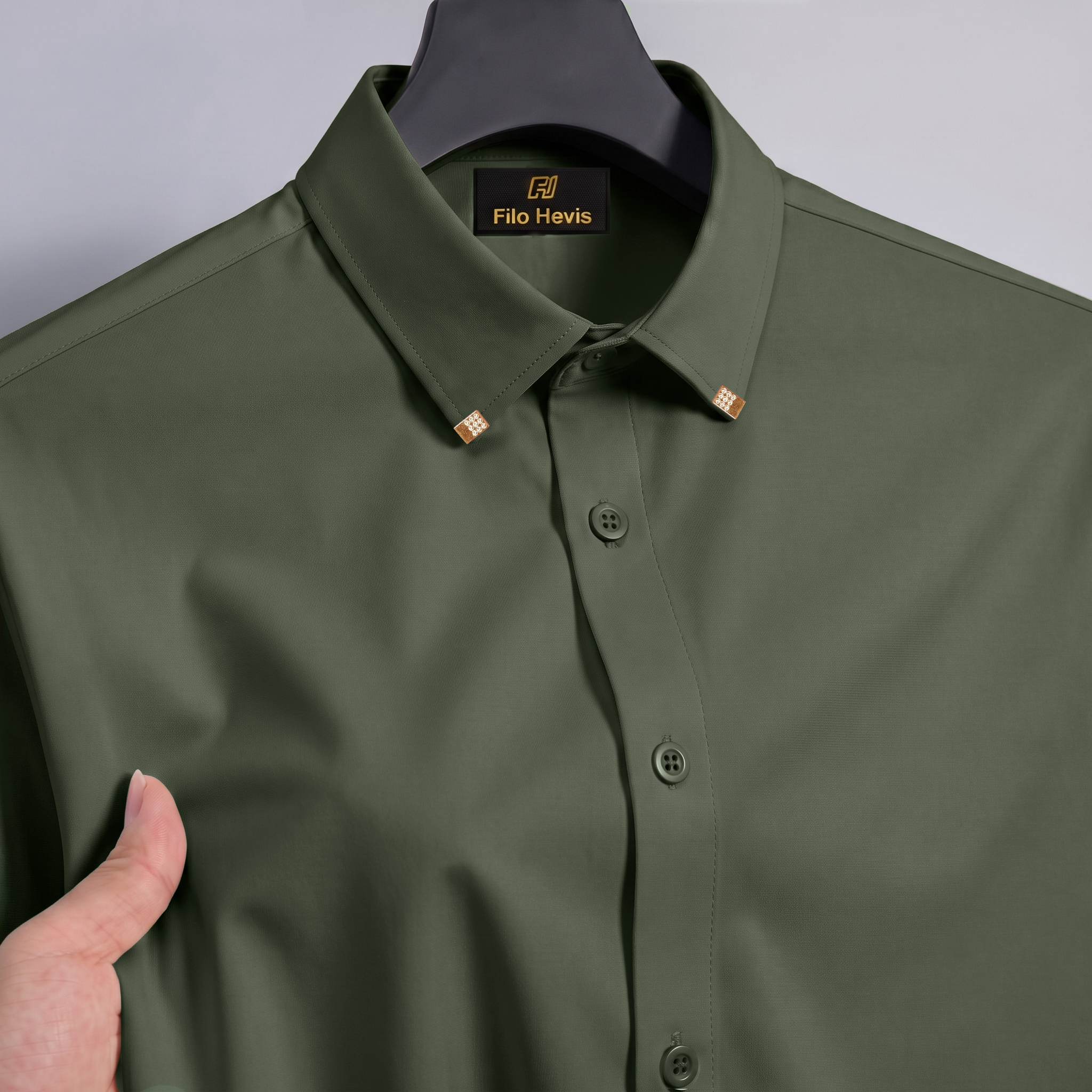 Men's Premium Luxury Formal Shirt with Crystal-Studded Collar Clips | Olive Green Filo Hevis