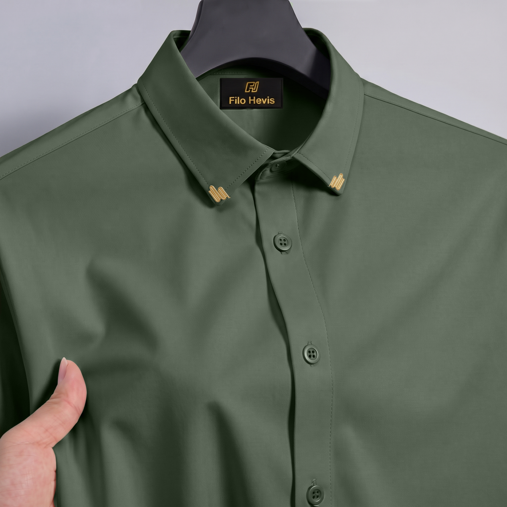 Men's Premium Stretch Formal Shirt with Gold Collar Pins | Wrinkle-Resistant | Party & Office Wear | Olive Green