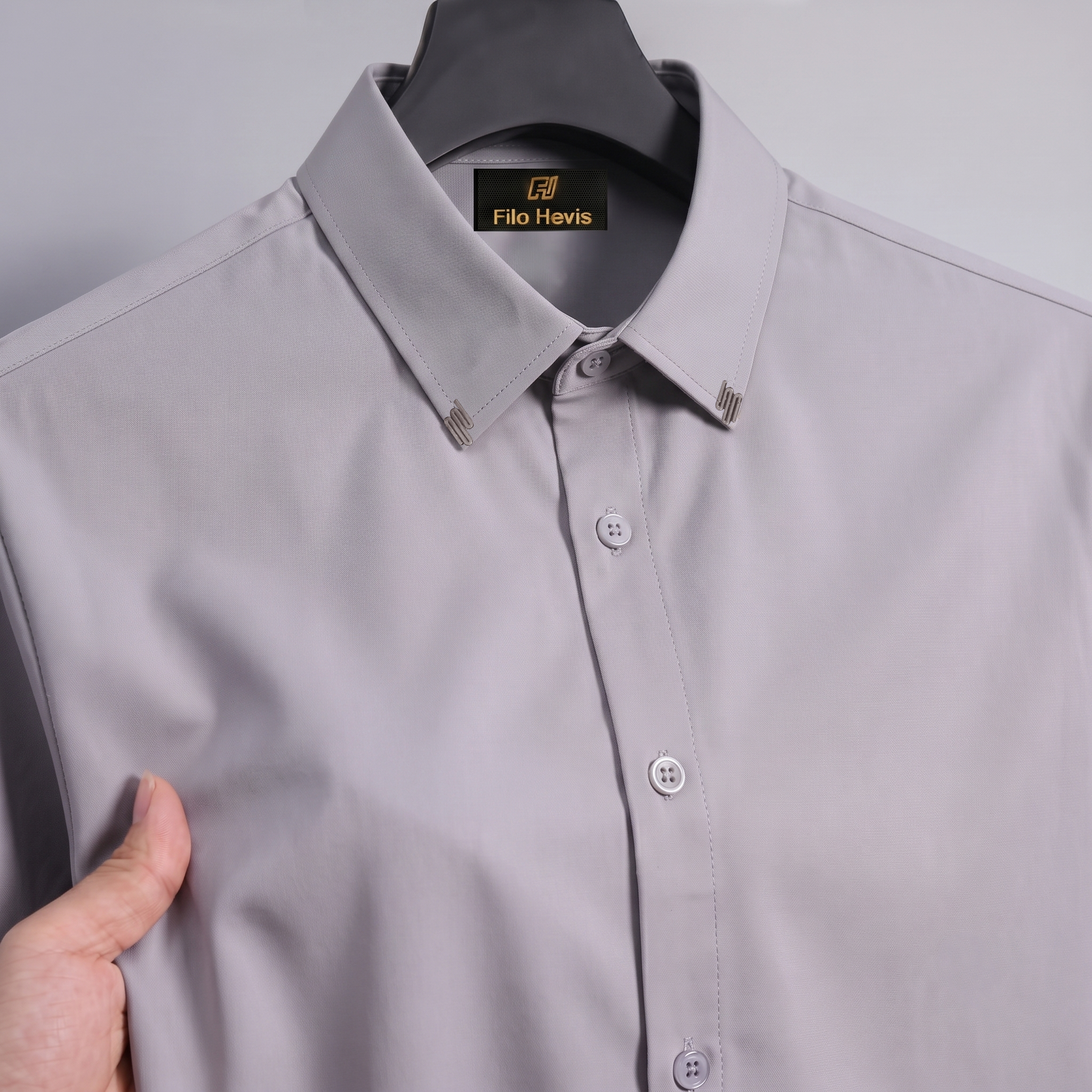 Men's Premium Stretch Formal Shirt with Silver Collar Pins | Wrinkle-Resistant | Party & Office Wear | Grey