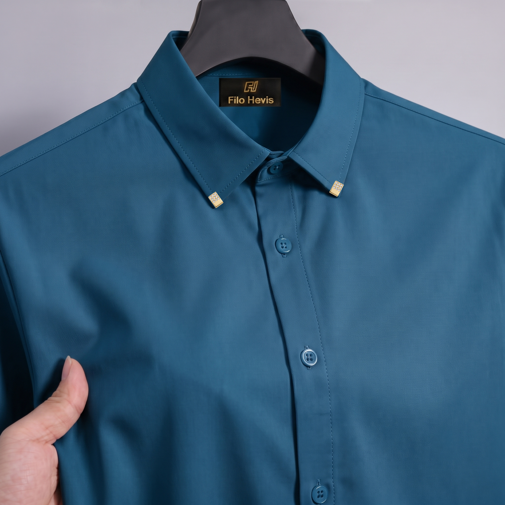 Men's Premium Luxury Formal Shirt with Crystal-Studded Collar Clips | Teal Blue