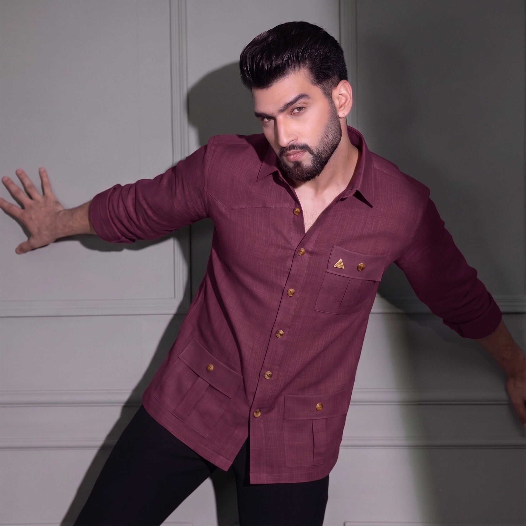 Men's Hunter shirt | Multi Pockets | Linen Texture | Wine