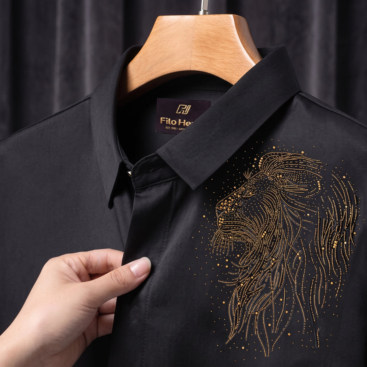Lion Embroidery Party Shirts | Club Wear | Black