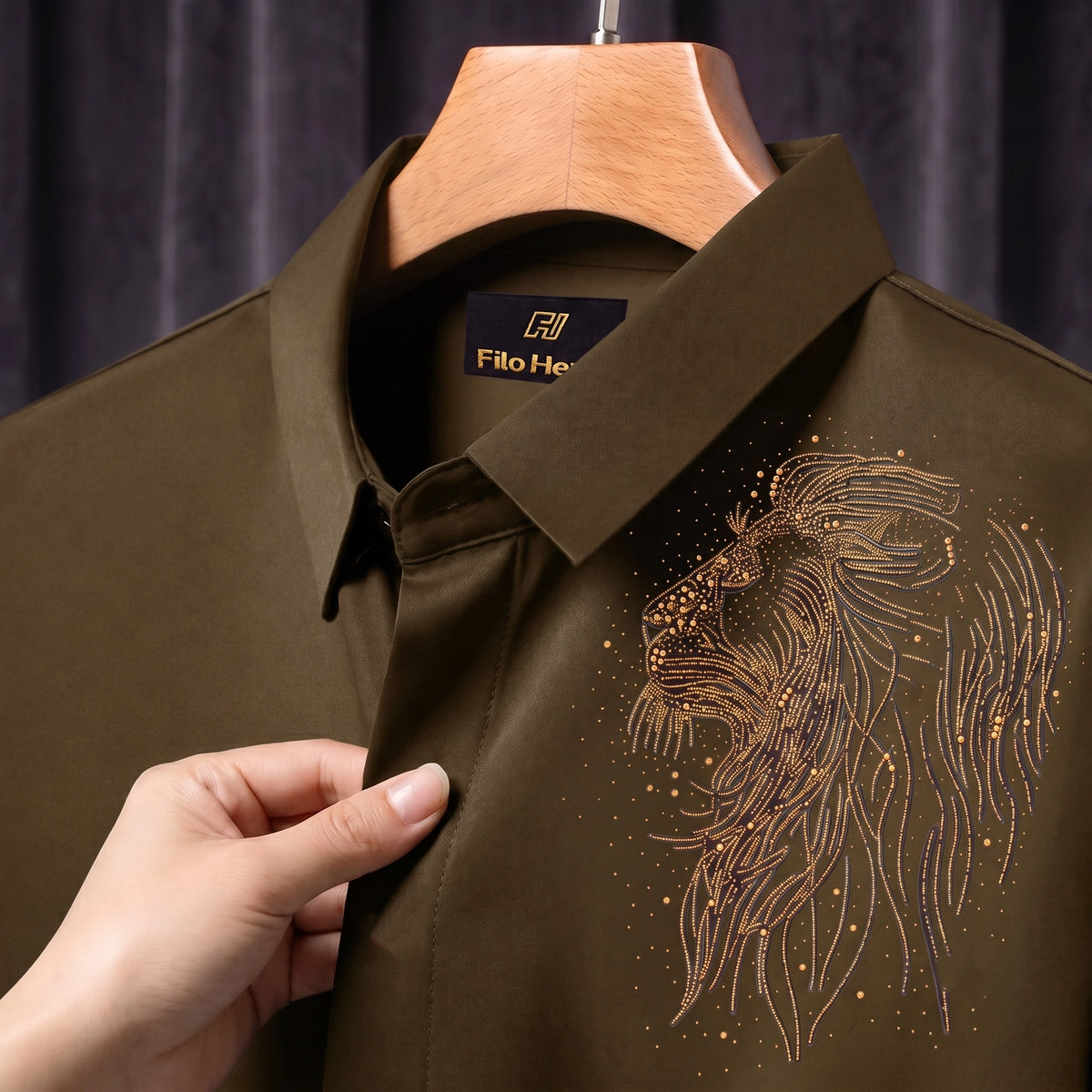 Lion Embroidery Party Shirts | Club Wear | Light-Brown