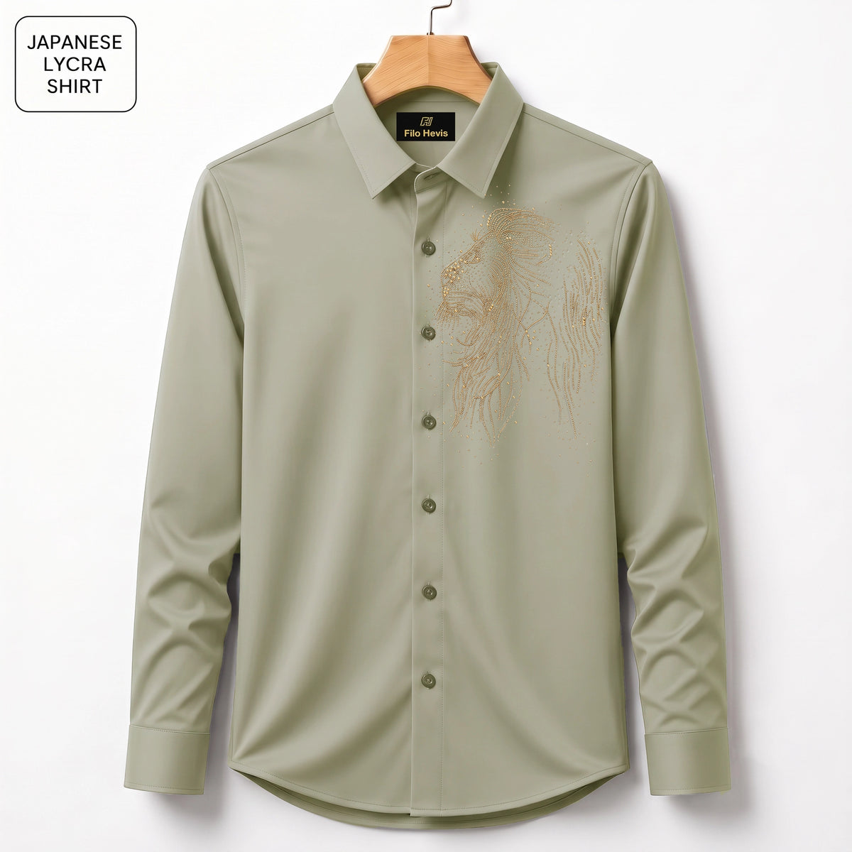 Lion Embroidery Party Shirts | Club Wear | Light-Greyish-Green