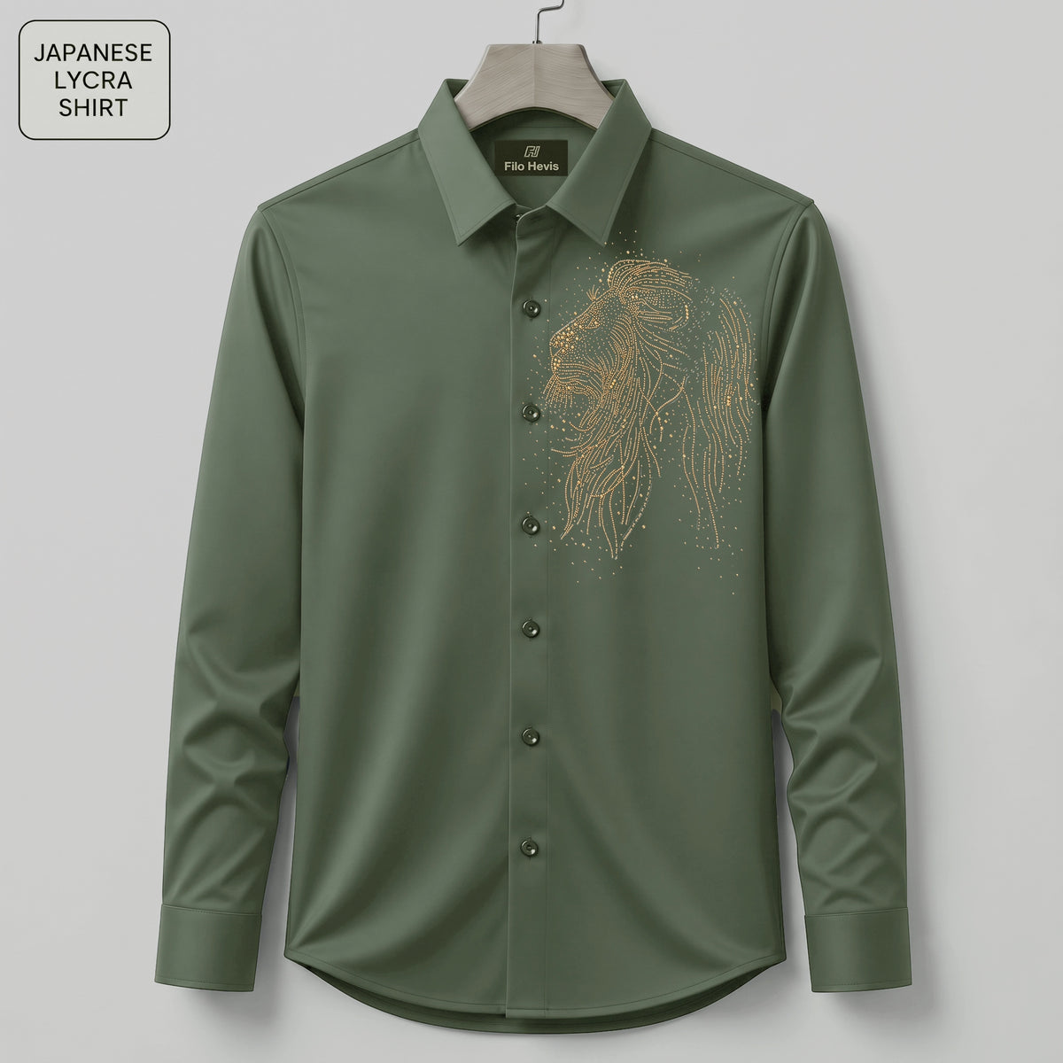 Lion Embroidery Party Shirts | Club Wear | Olive-Green