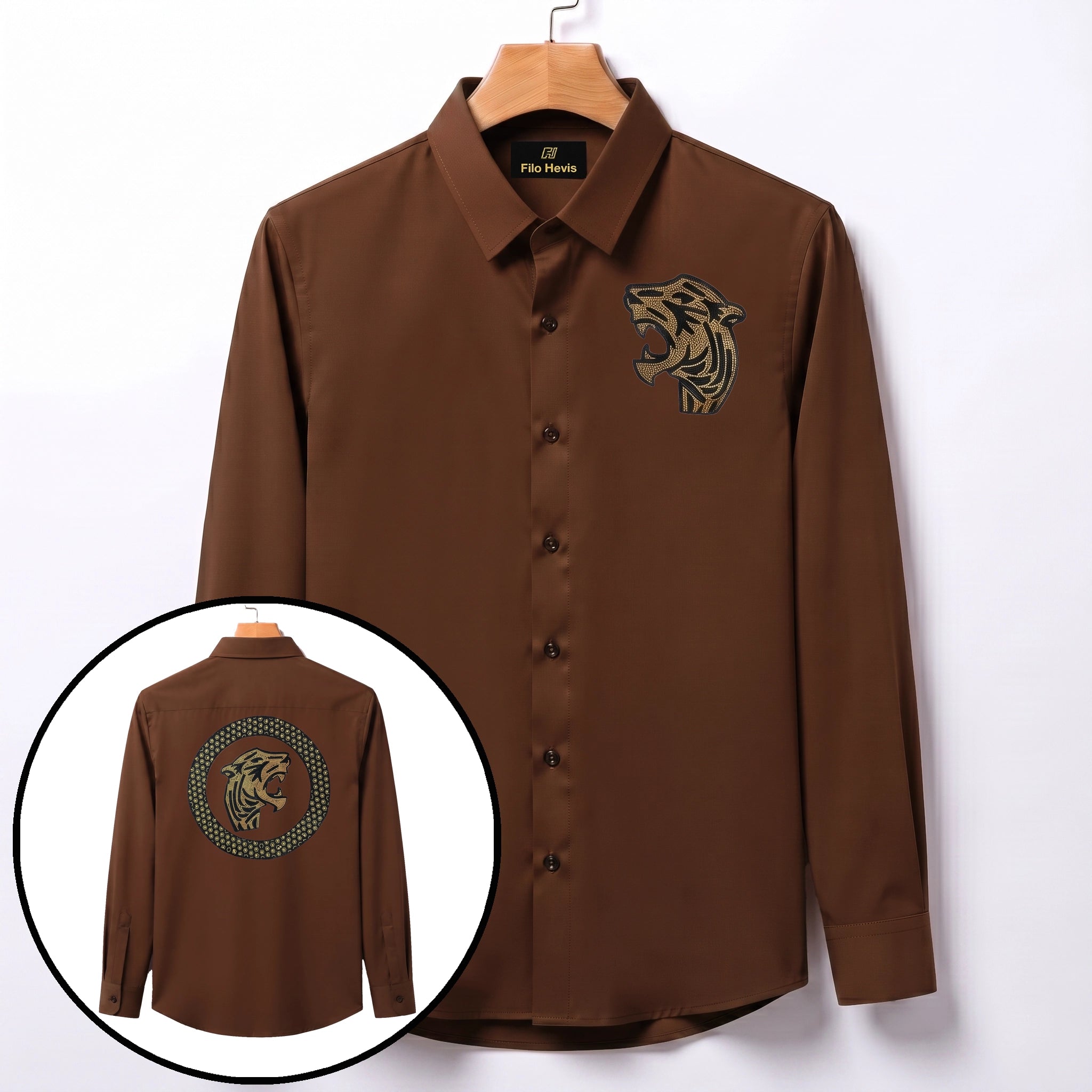 Front & Back Tiger Embroidery Party Shirts | Club Wear | Brown