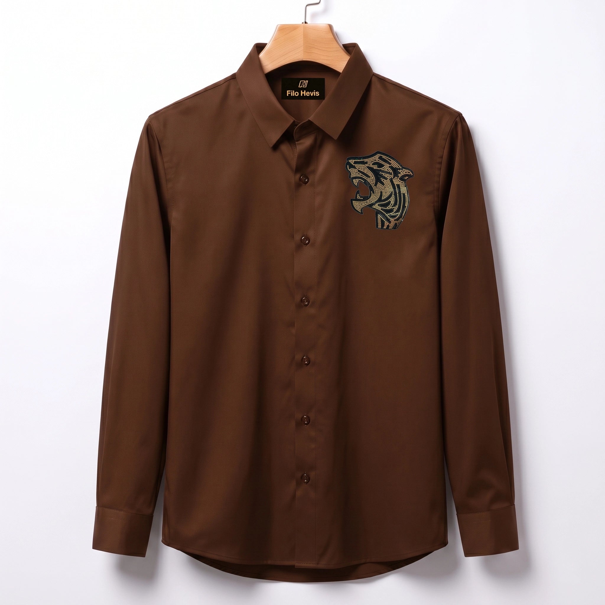 Front & Back Tiger Embroidery Party Shirts | Club Wear | Brown