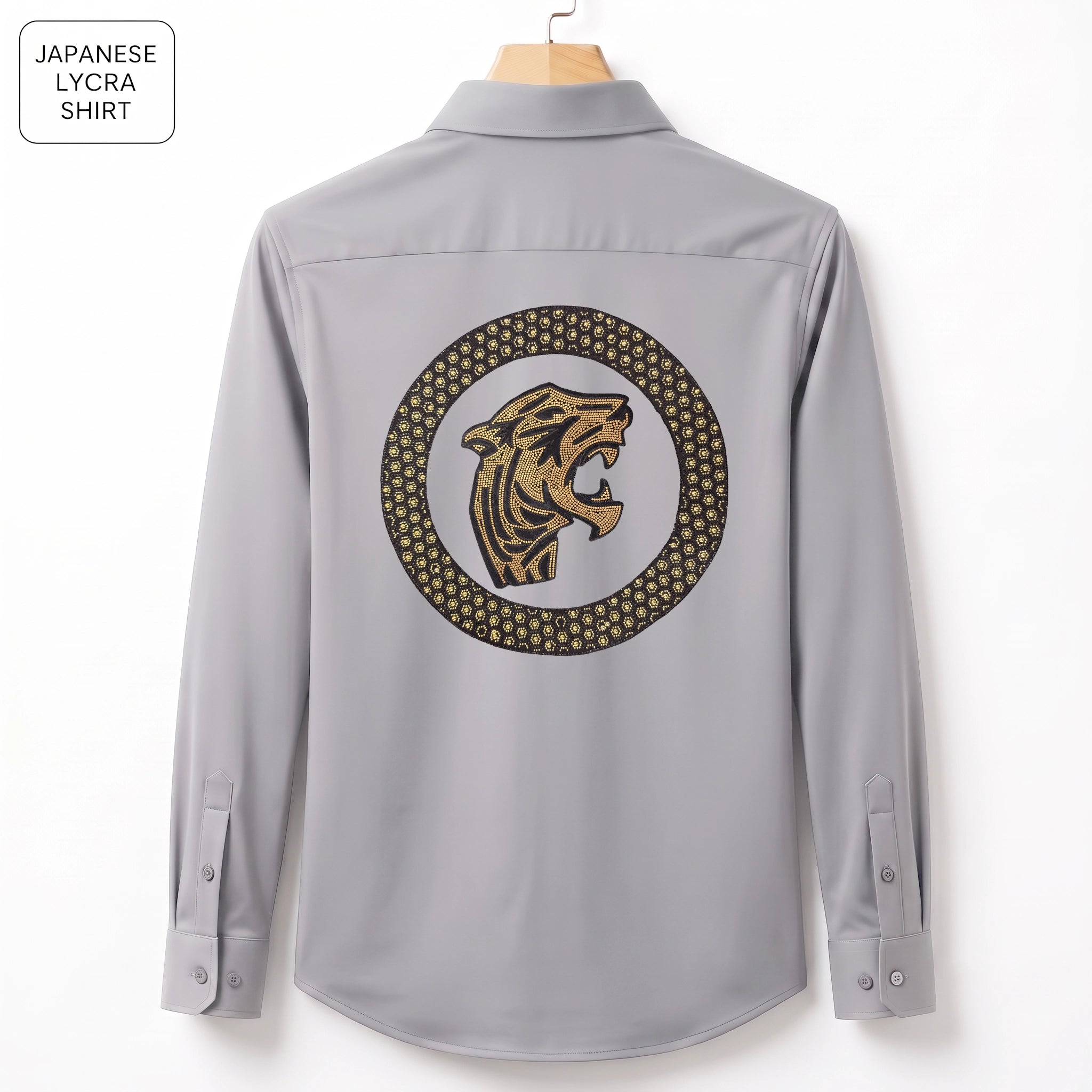 Front & Back Tiger Embroidery Party Shirts | Club Wear | Light Grey