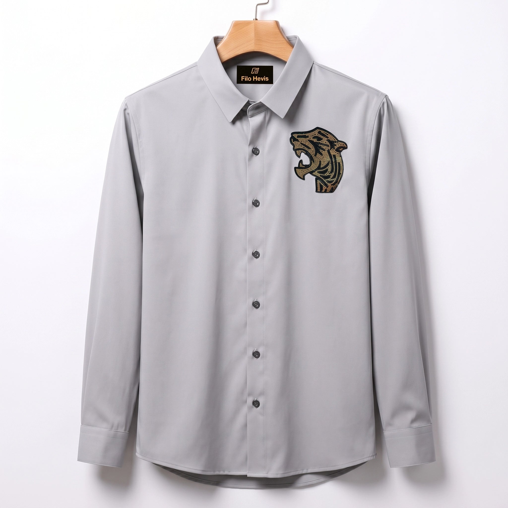 Front & Back Tiger Embroidery Party Shirts | Club Wear | Light Grey