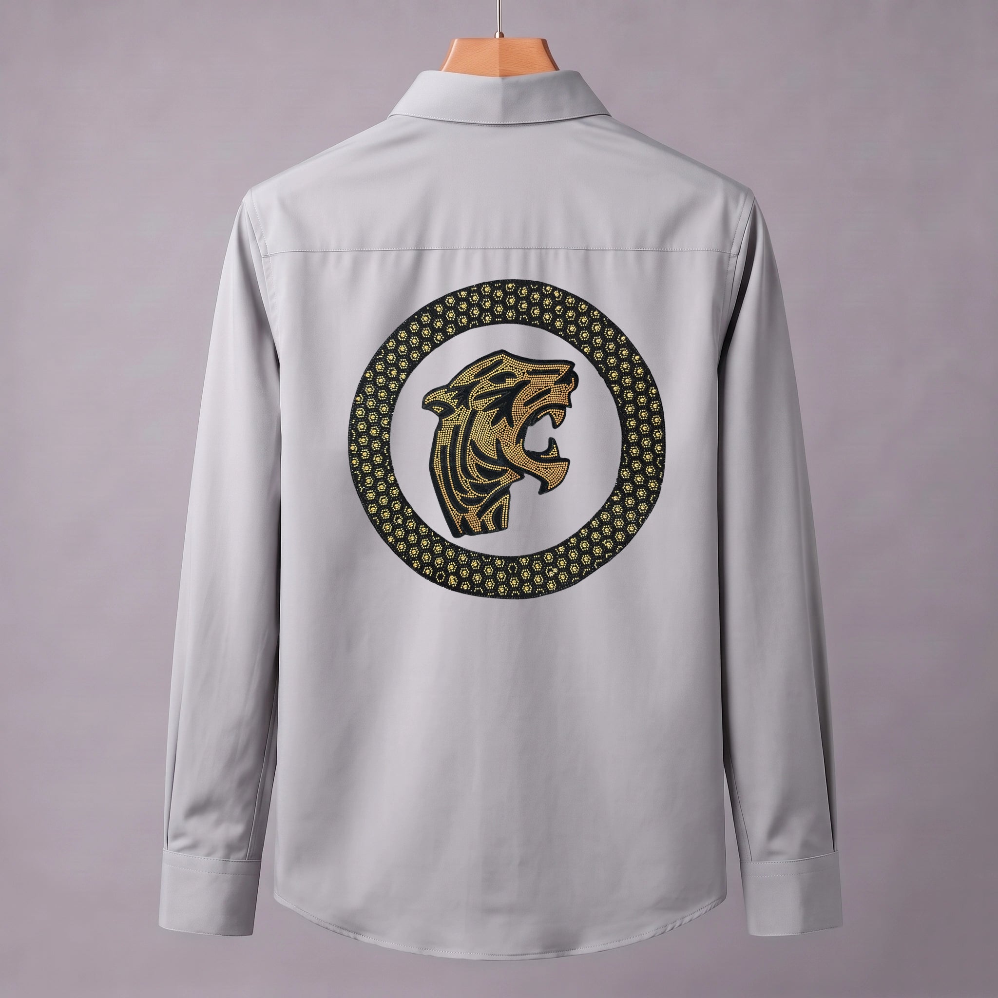 Front & Back Tiger Embroidery Party Shirts | Club Wear | Light Grey