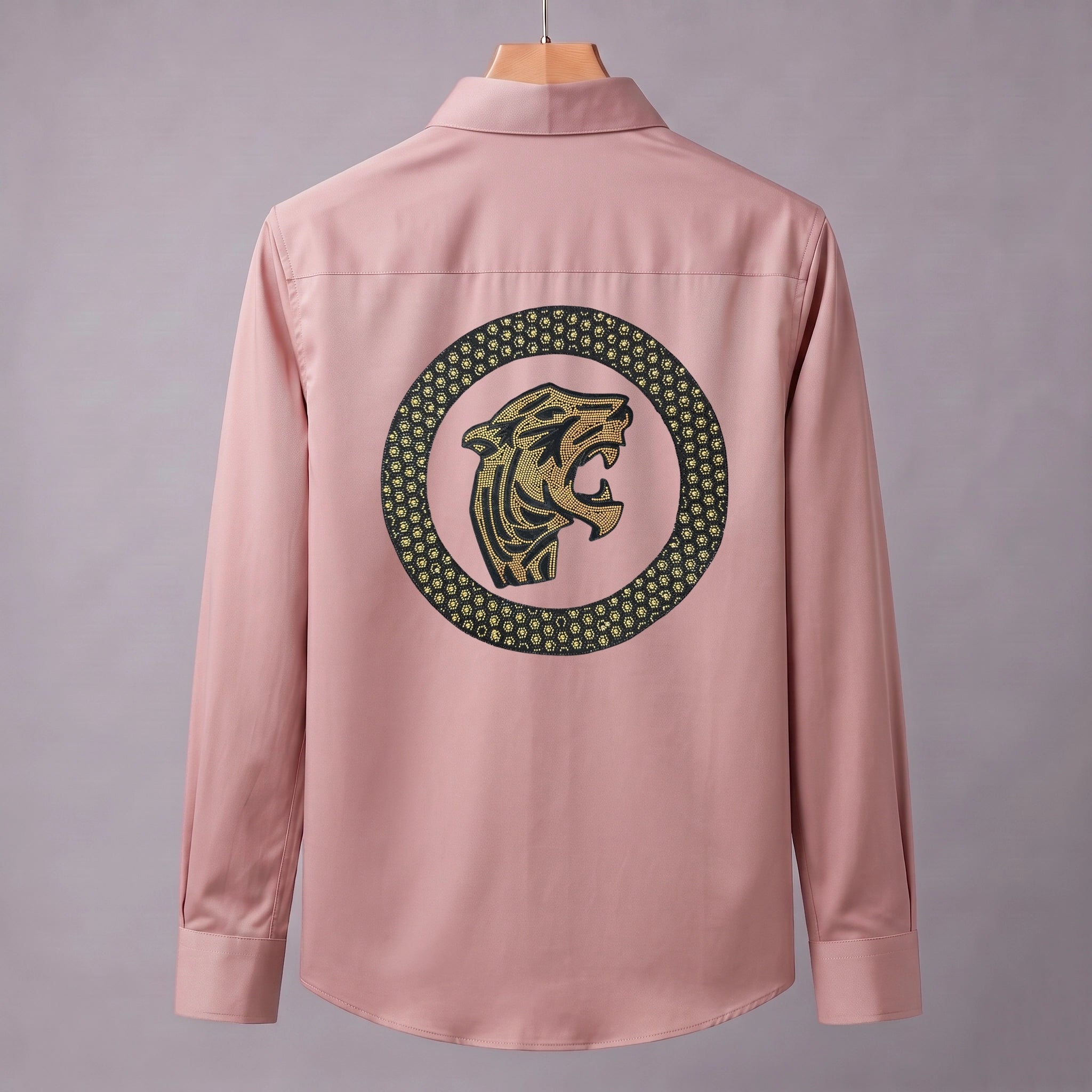 Front & Back Tiger Embroidery Party Shirts | Club Wear | Peach