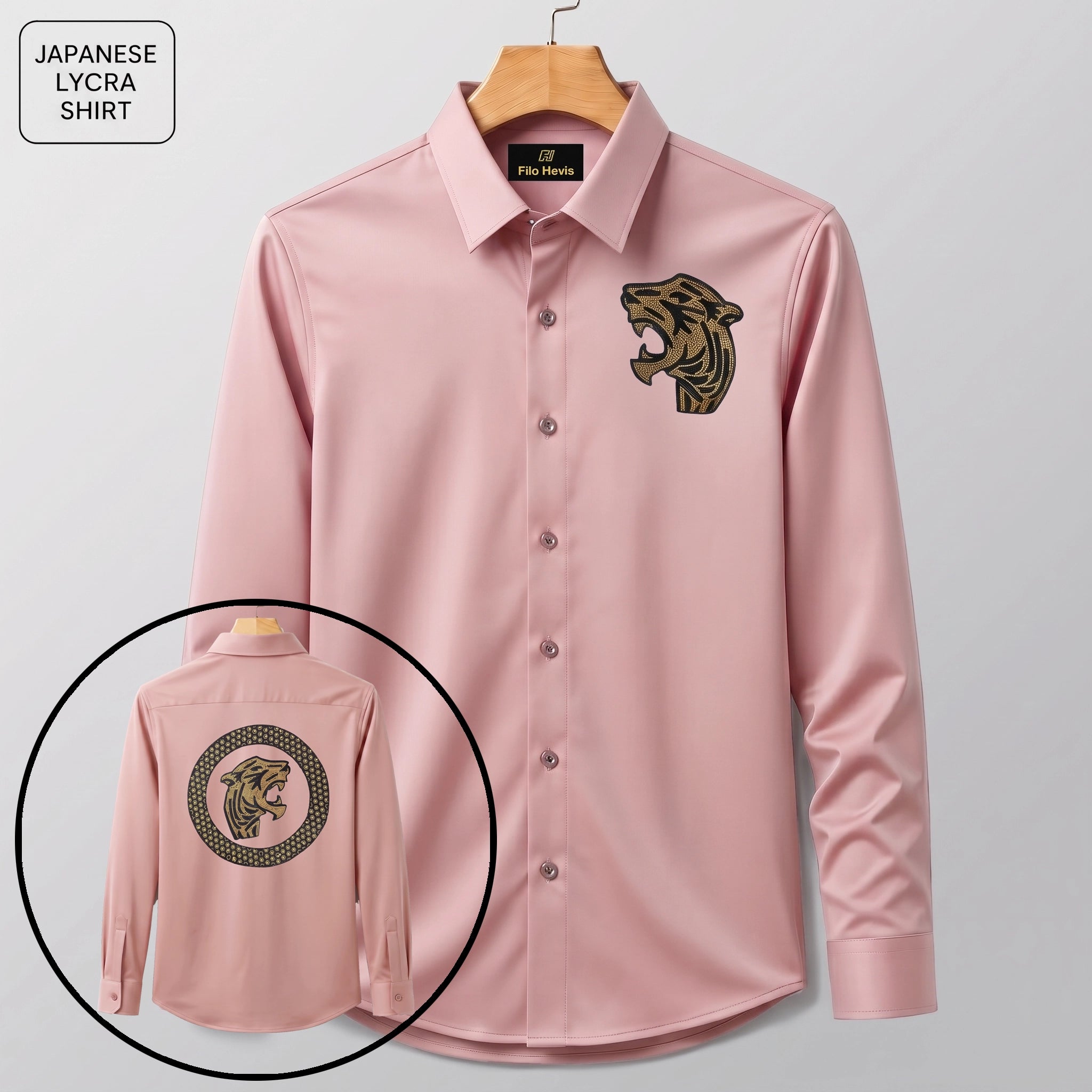 Front & Back Tiger Embroidery Party Shirts | Club Wear | Peach