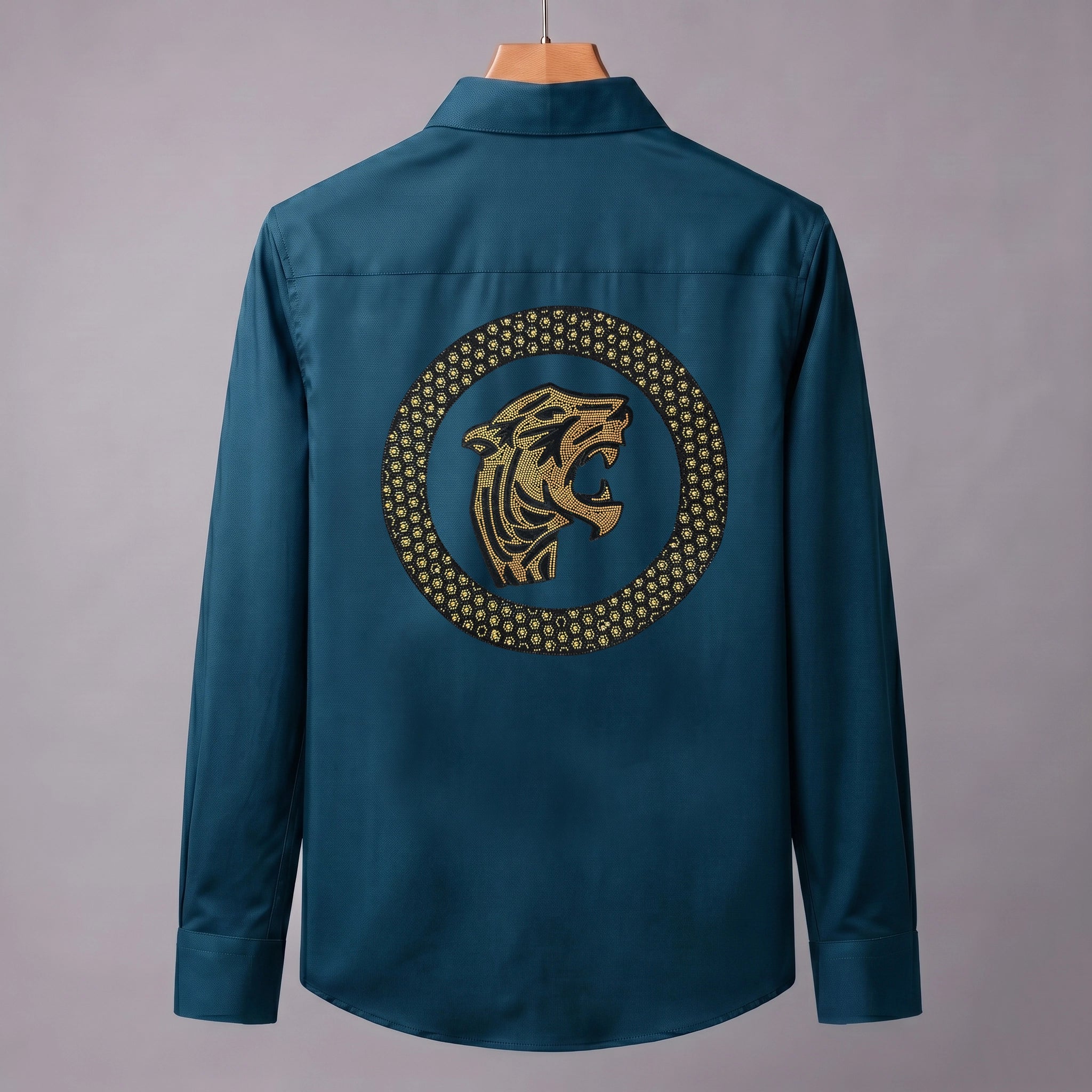 Front & Back Tiger Embroidery Party Shirts | Club Wear | Teal Blue