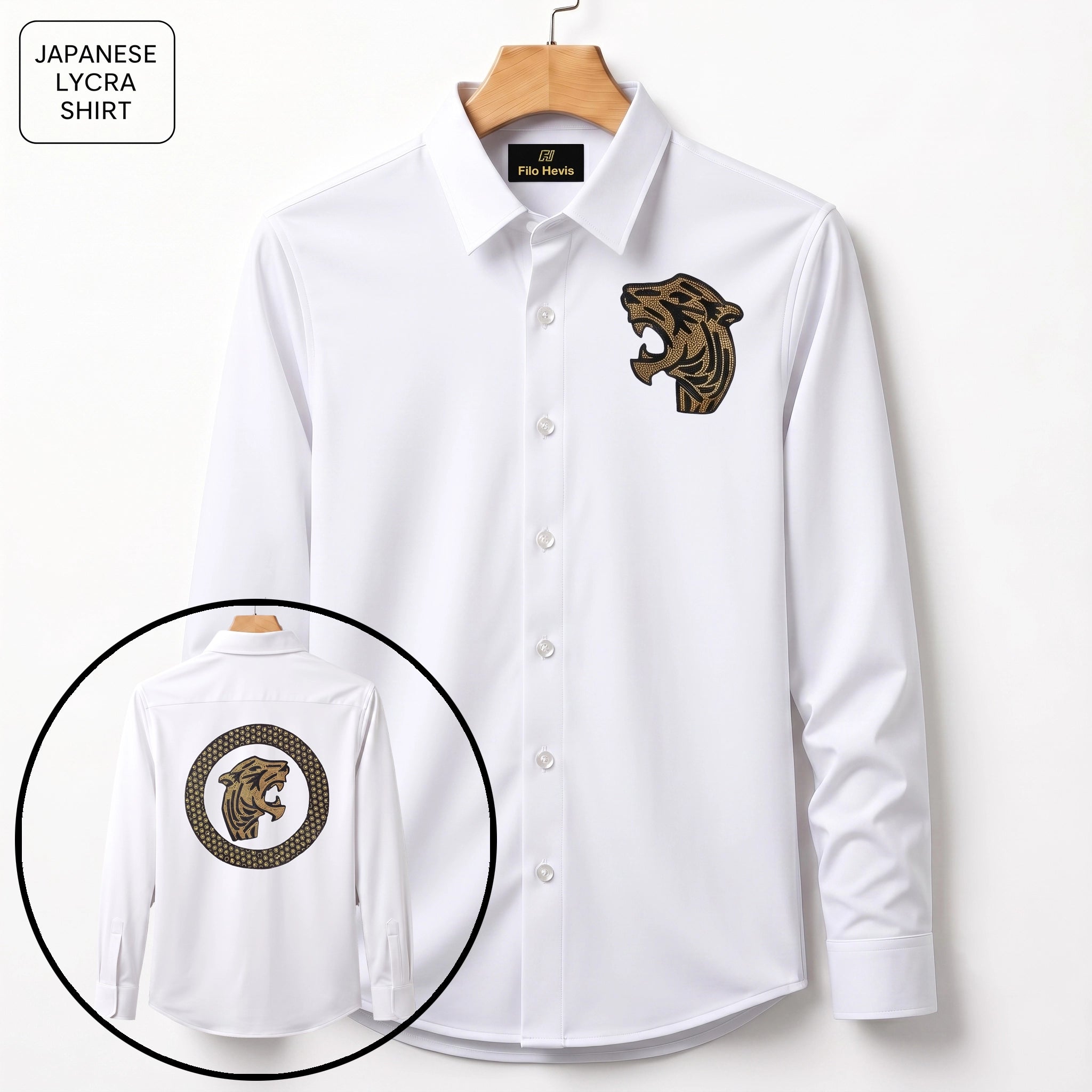 Front & Back Tiger Embroidery Party Shirts | Club Wear | White