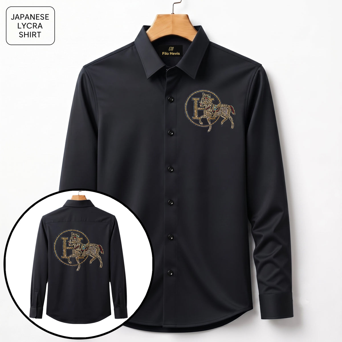 Front & Back Horse Embroidery Party Shirts | Club Wear | Black