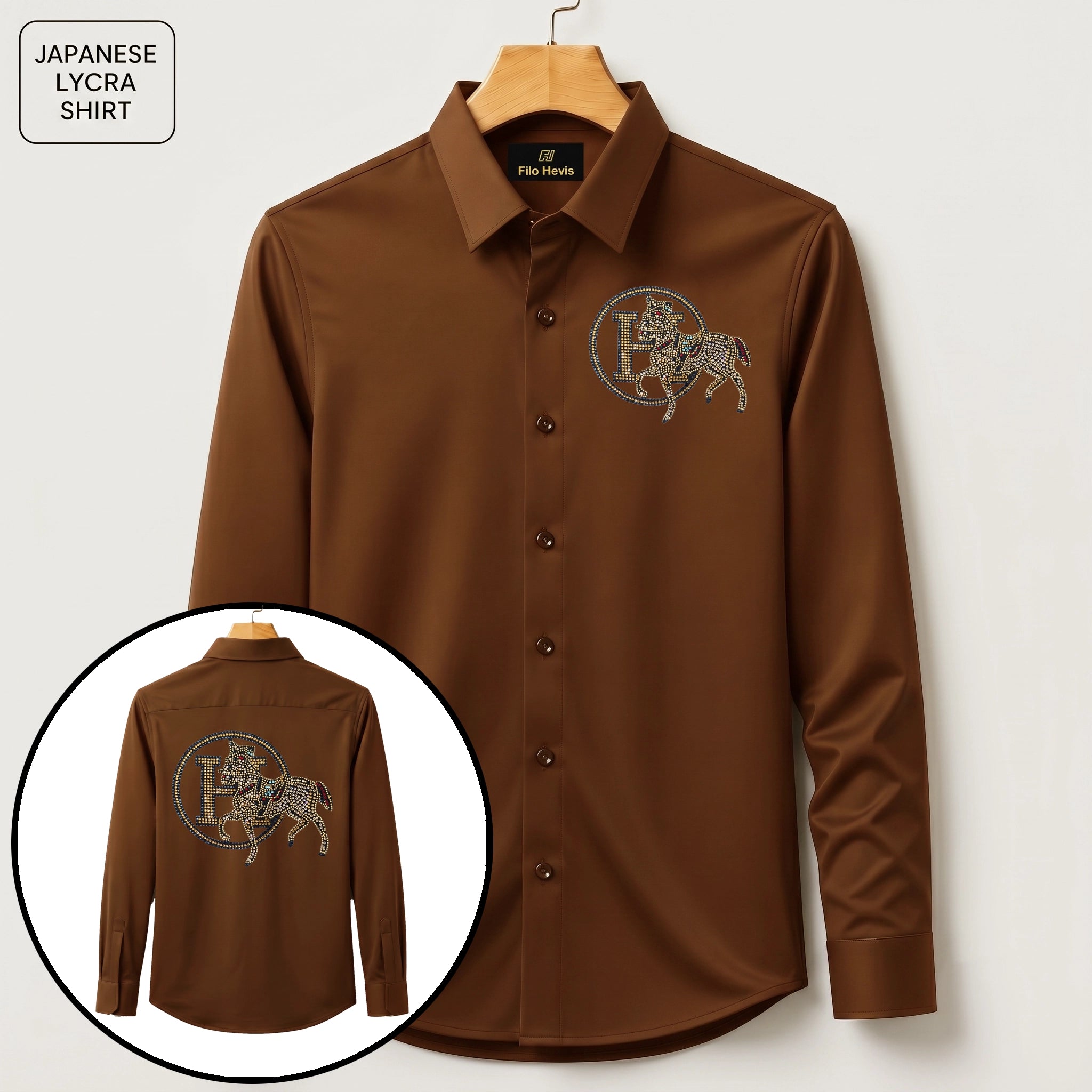 Front & Back Horse Embroidery Party Shirts | Club Wear | Brown